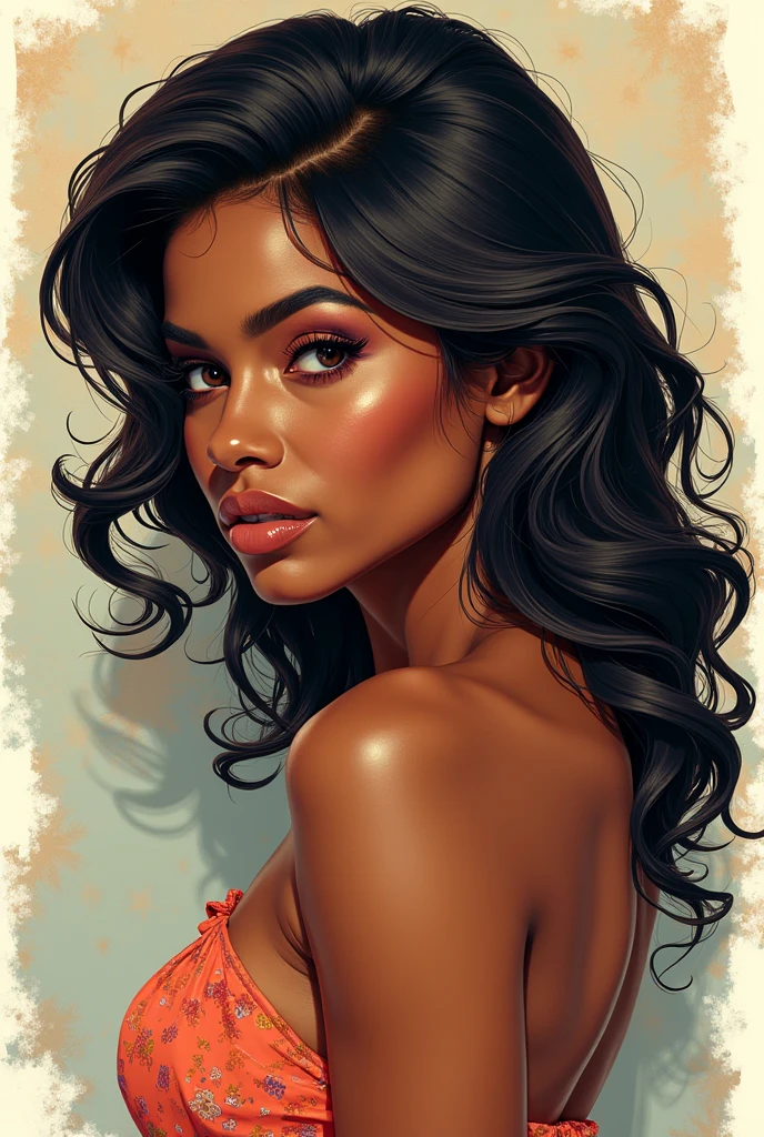 create a line art with kooleen's art style (semi-realistic style) featuring a typical golden-toned darkskin brazilian girl and make it look like a thirst trap