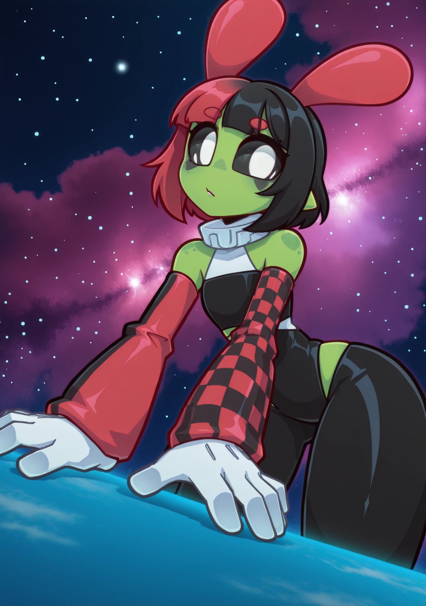 Dynamic angle, sploot,1girl,colored_sclera,white eyes,alien,antennae, space, nebula, Maf, two tone hair, red hair, black hair, black outfit, white gloves, white collar, red sleeves, featuring a checkered sleeve, white collar