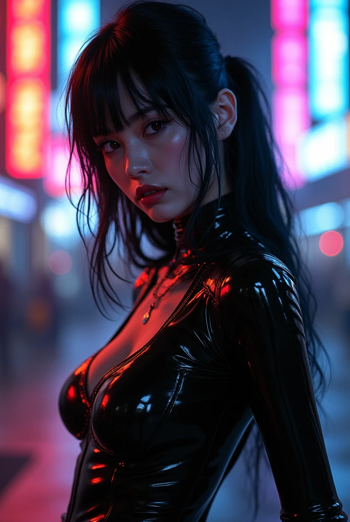 a portrait of a pretty young woman,gundamwingcockpit, futuristic, scifi, plugsuit, transparent latex, goth, dark lips, large breasts, solo, black hair, gloves, dutch angle, smirk, controls, joystick, holographic interface, technology, close up, glowing, neon