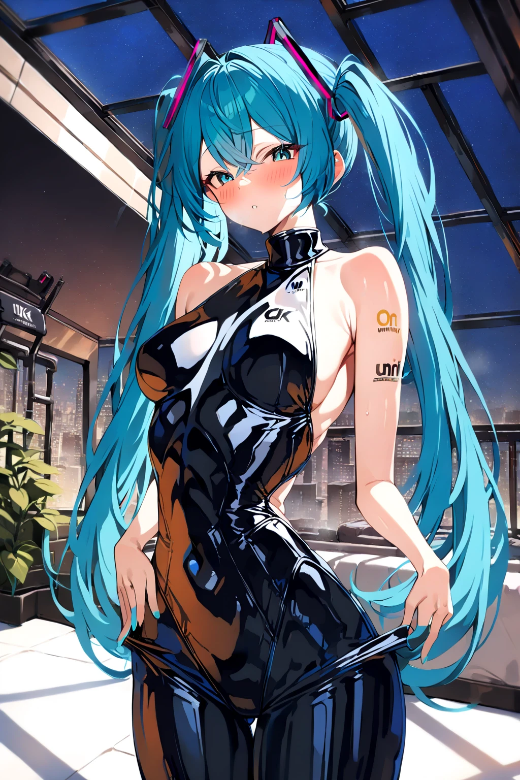 Hatsune Miku Vocaloid, Twin Tails, Light Blue Eyes, Light Blue Hair, Pichi Pichi Bodysuit, Cyber punk, Ghost in the Shell, Ultimate Physical Beauty, Beautiful Eyes, embarrassed look , ((Big Breasts)), 8K CG, Top Quality, Best Image Quality,