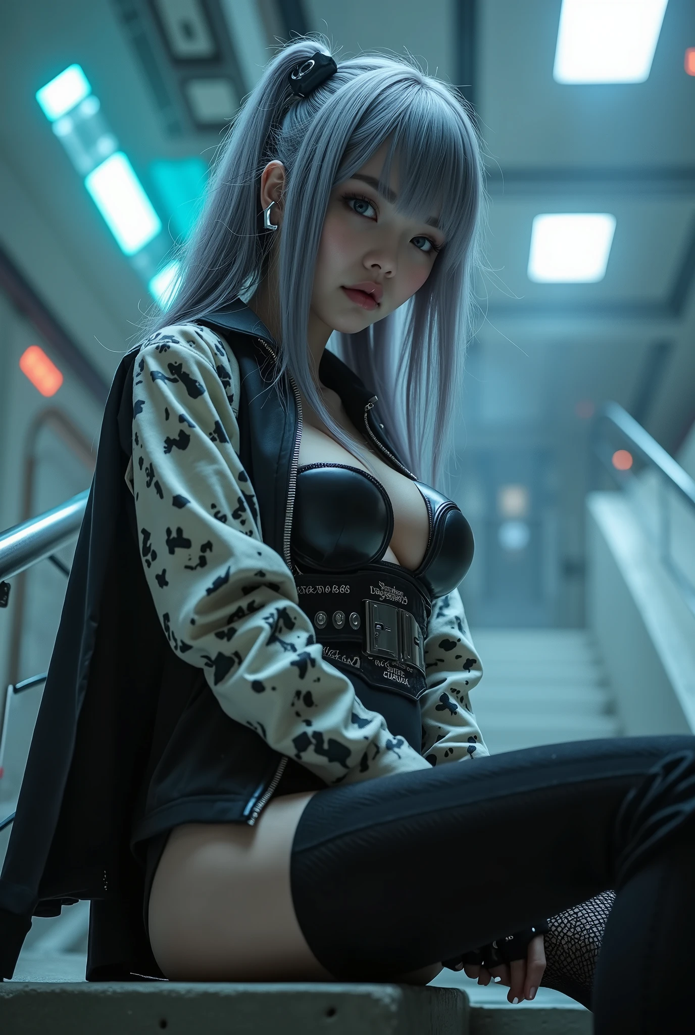 nsfw, masterpiece, Best Quality, hyper Realistic, A mysterious and sophisticated beautiful young gravure Japanese woman with blue eyes wears futuristic and sexy fashion art. sitting focus breasts,, from below, ultra-slim waist, large firm breasts, a large-sized buttocks, showcasing sculptural beauty. gray arranged Realistic hair, Realistic light color eyes, Realistic skin, Detailed face, , small head, woman is climbing at a wide angle, with her full body in frame. large Butt, sexy large breasts, slim waist, Cyber punk taste fashion, /// dressed in a striking white and black military print bodysuit paired with a sleek black leather belt with a futuristic metallic buckle and low-rise black sweat Knee-high skirt with zipper accents. She wears a sheer black mesh bomber jacket adorned with white and black military patches, chunky black high-cut Sneakers with silver hardware. Her look is fierce and bold, complemented by black fingerless gloves with white LED lights and high-tech accessories. adding an edgy attitude. Her outfit is completed, merging functionality with style. exuding a hint of rebellion, embodying the essence of future street-chic fashion. The wear hugs her body tightly, accentuating her curves and digging sensuously into her skin, /// small head and face, Detailed wide Duck mouth, half open mouth, perfectly aligned teeth, perfect beautiful wide teeth, light blue eyes, half open eyes, shiny Droopy eyes, looking other, /// She is situated within the interior of a futuristic colony, in the deep night, with mist drifting and steam rising from concrete