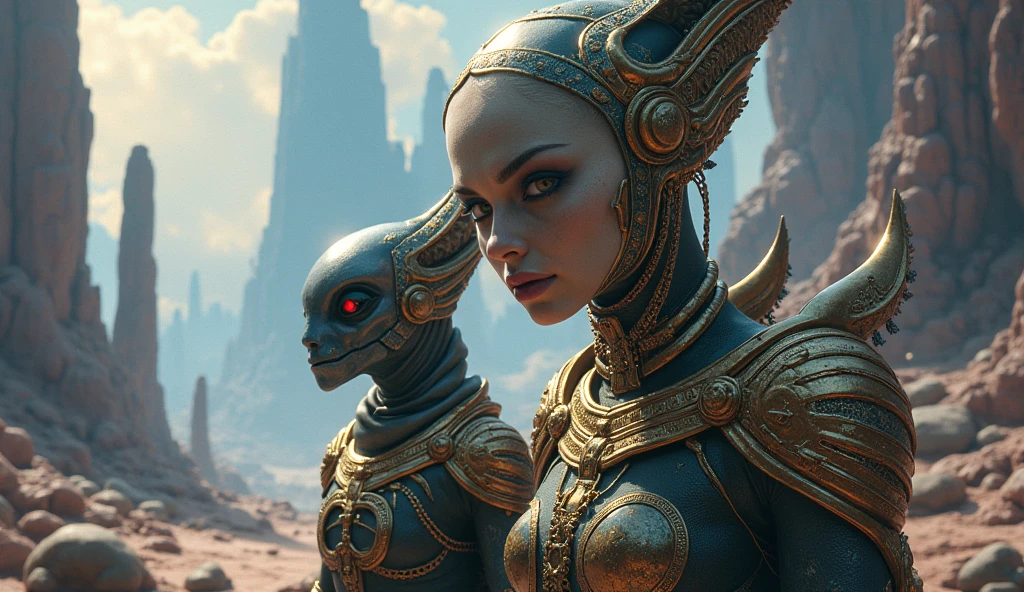 there's a woman and a blue man dressed in costumes side by side, in metal hurlant, very stylized character design, corrected color, djinn blue, naboo, inspired by Michael Whelan, ice queen, maximalist fashion, sexy photo from the movie, the villain incal, still de l'estate, by Thomas Blackshear --auto --s2