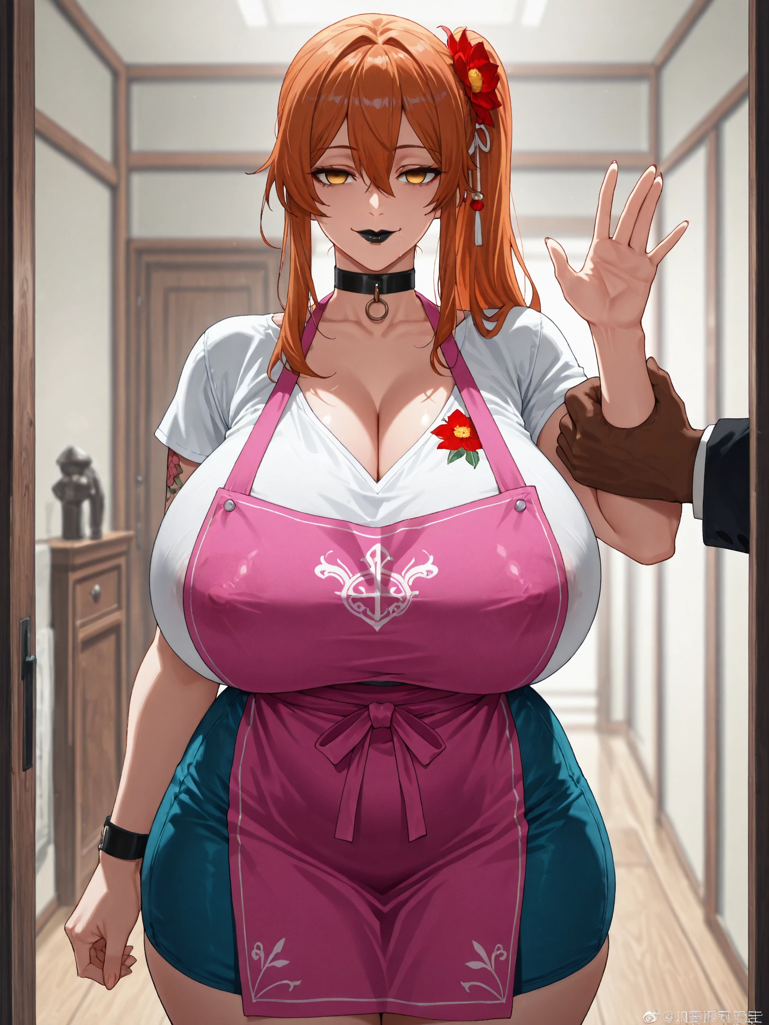 (1milf, solo), sitting, (sleeveless shirt, bartender uniform, bow tie), French twist updo, embarrassing big smile, (masterpiece best quality), delicate illustration ultra-detailed, sagging huge breasts, (bar counter, cashier), work desk, detailed background, (((showing hairy armpit hair))), thick makeup, upper body only, pamphlet, in bar counter, sweating, menu, whiskey bottles, bar atmosphere, sperm drink