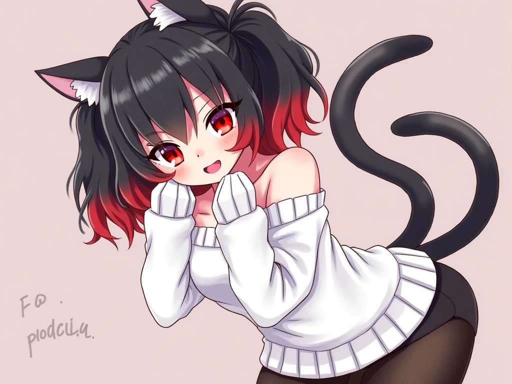 1girl,red eyes,( narrowed pupils ),black hair( red gradient ),dull bangs,long hair,Double tails,curly hair, cat ears and tail ,(no human ears),средняя naked грудь,off shoulder white sweater:1.2,white sweater:1.2,clavicle,strapless:1.2,long sleeves:1.3,sleeves below the wrists:1.2,print pantyhose,cat ears,cat girl,cat tail,:3,tail bow ,,open mouth,stick your tongue out,naked, with a naked little pussy