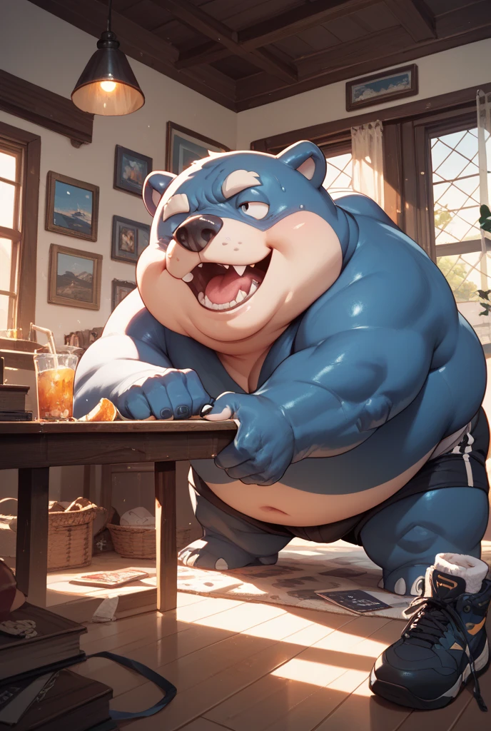 ((Masterpiece)),((Hight quality)),((Hught Detailed)),((Realistic,)) Anime Artistic masterpiece art, Concept anime art, Obese sumo Bears, He is a porn star who creates a weight gain potion, In a scene where you can see that the scientist drink and his body grow and gain a lot of weight and thanks to that he begins to dance for his clients.