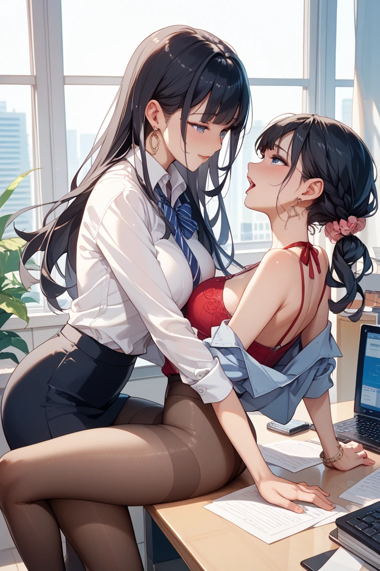 Best Quality, masutepiece, beautiful mature women、Beautiful face、Strong-minded woman、Office Suits, big cleavage、brown haired、Brown-eyed、Longhaire、Undersized eyes、Hold out a small paper bag、Full body like, standing insanely hot (woman 1) using sexy ((office uniform)), (((lifted skirt)), (big ass), (thick thigths), (lust expression), blushed face, 40 years old man ass groping woman 1 from behind,(((40 years old man pressing his chest on woman 1 back))) and (((holding her waist behind her))) CG, passionate kiss