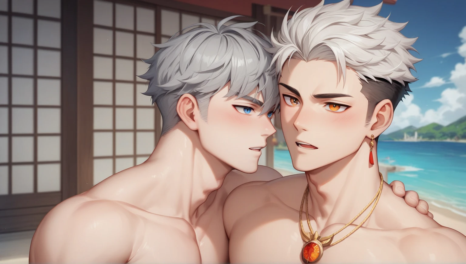 absurdres, highres, ultra detailed, HDR, master piece, best quality, Quincy, blonde hair, expressive amber eyes, Nu Carnival, Gojou Satoru, white hair, expressive blue eyes, white eyelashes, two sexy men together, yaoi, gay couple, handsome, black hat, fantasy black pirate clothes, accessories, showing the chest, beach, sea, petals, flowers