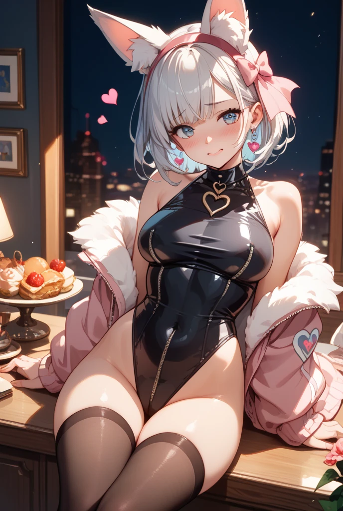 A woman, white hair, rabbit ears, red eyes, lingerie, inside the classroom, short hair, adult body
