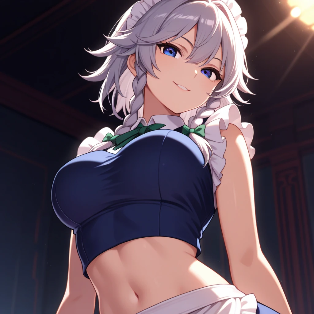 A mature thick woman with white hair and green eyes wearing a white dress with a neckline, big breasts, royal Hall background, grinning