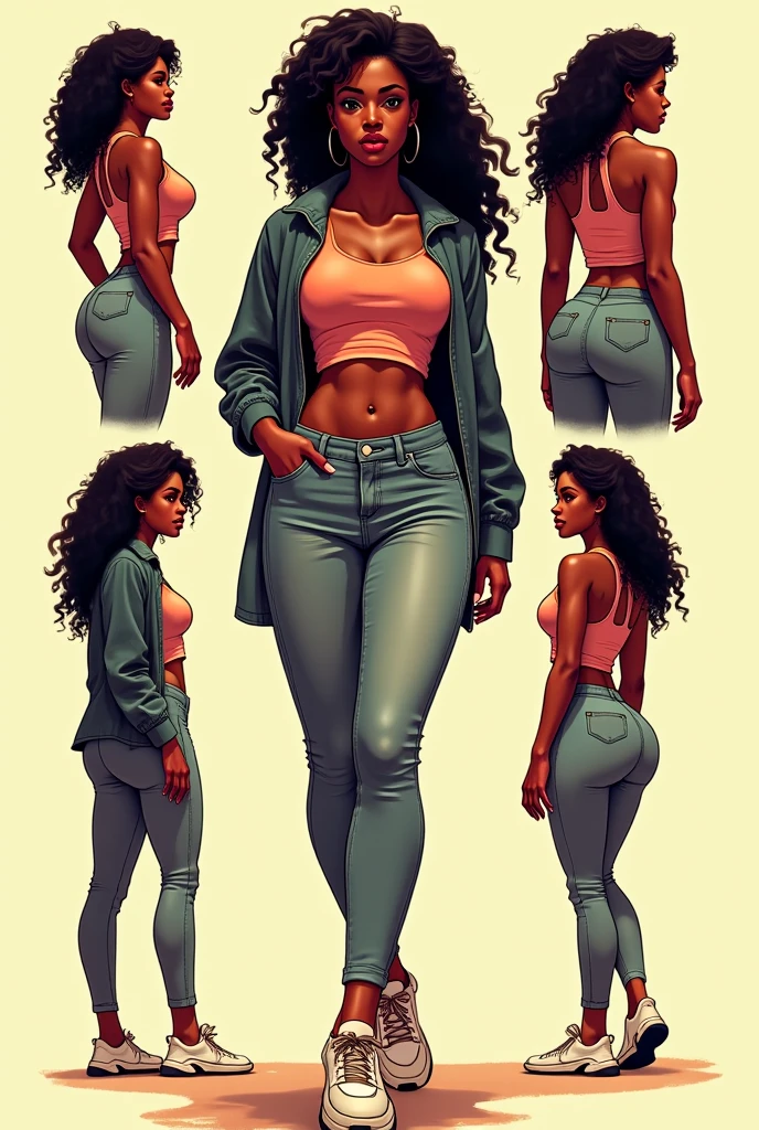 um close up de uma mulher com um top branco e jeans azul, cartoon style illustration, illustration style, Estilo de arte de desenho animado, design de personagens de alta qualidade, fullbody commission for, design de personagens altamente detalhado, garota negra, full body illustration, beautiful city mulher negra only, no illustration style digital, mulher negra, cachos e curvas, estilo de arte dos desenhos animados