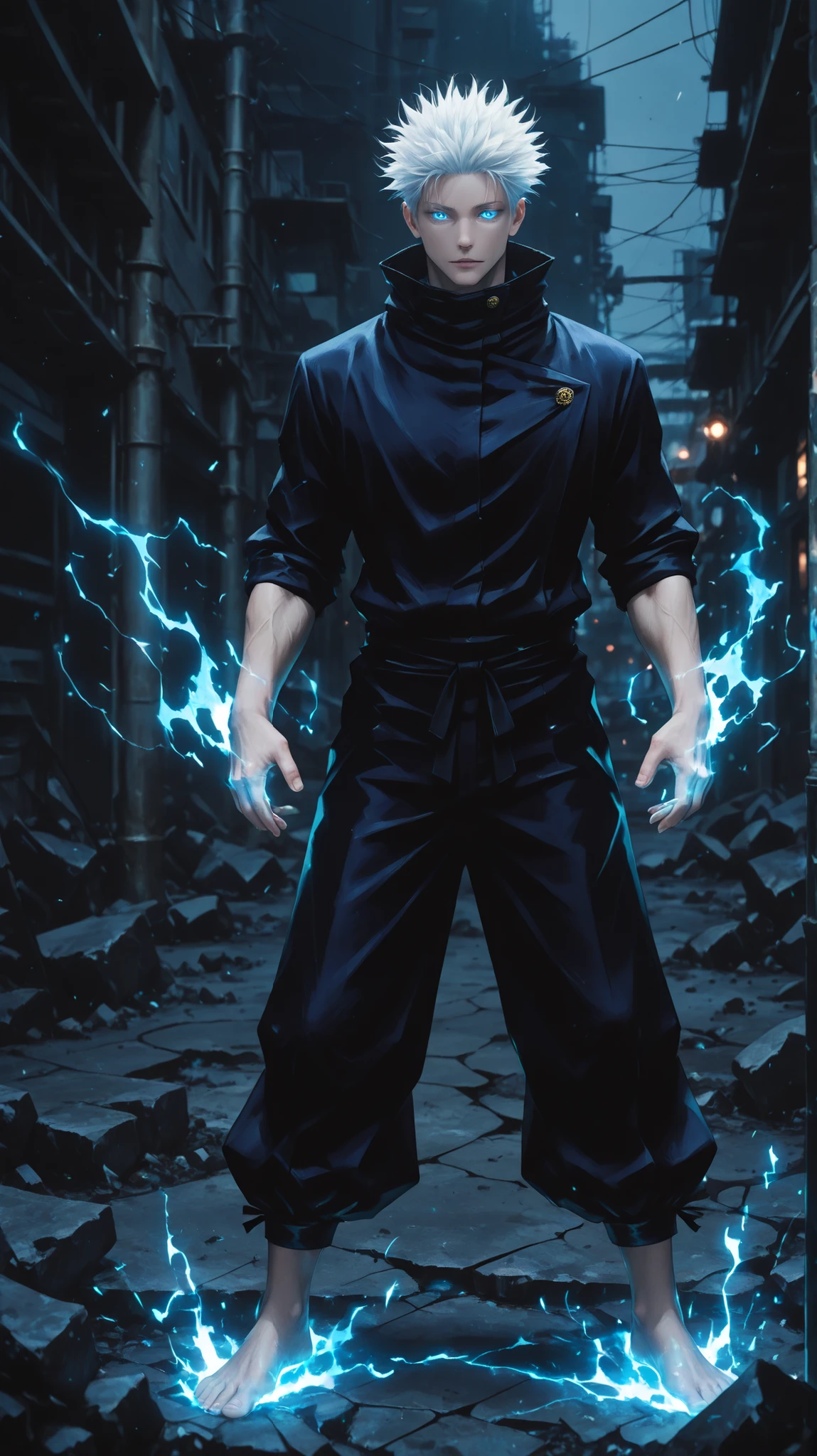 Full-body realistic live-action style image of Gojo Satoru from Jujutsu Kaisen, standing confidently, wearing a sleek black high-collar jacket and matching black pants, iconic messy white hair, bright sharp glowing blue eyes, relaxed but powerful pose, cinematic lighting, highly detailed textures, visible muscles under the outfit, dark stormy urban background, cracked ground under his feet, ultra-realistic, dramatic atmosphere, hyper-detailed like a dark fantasy movie poster