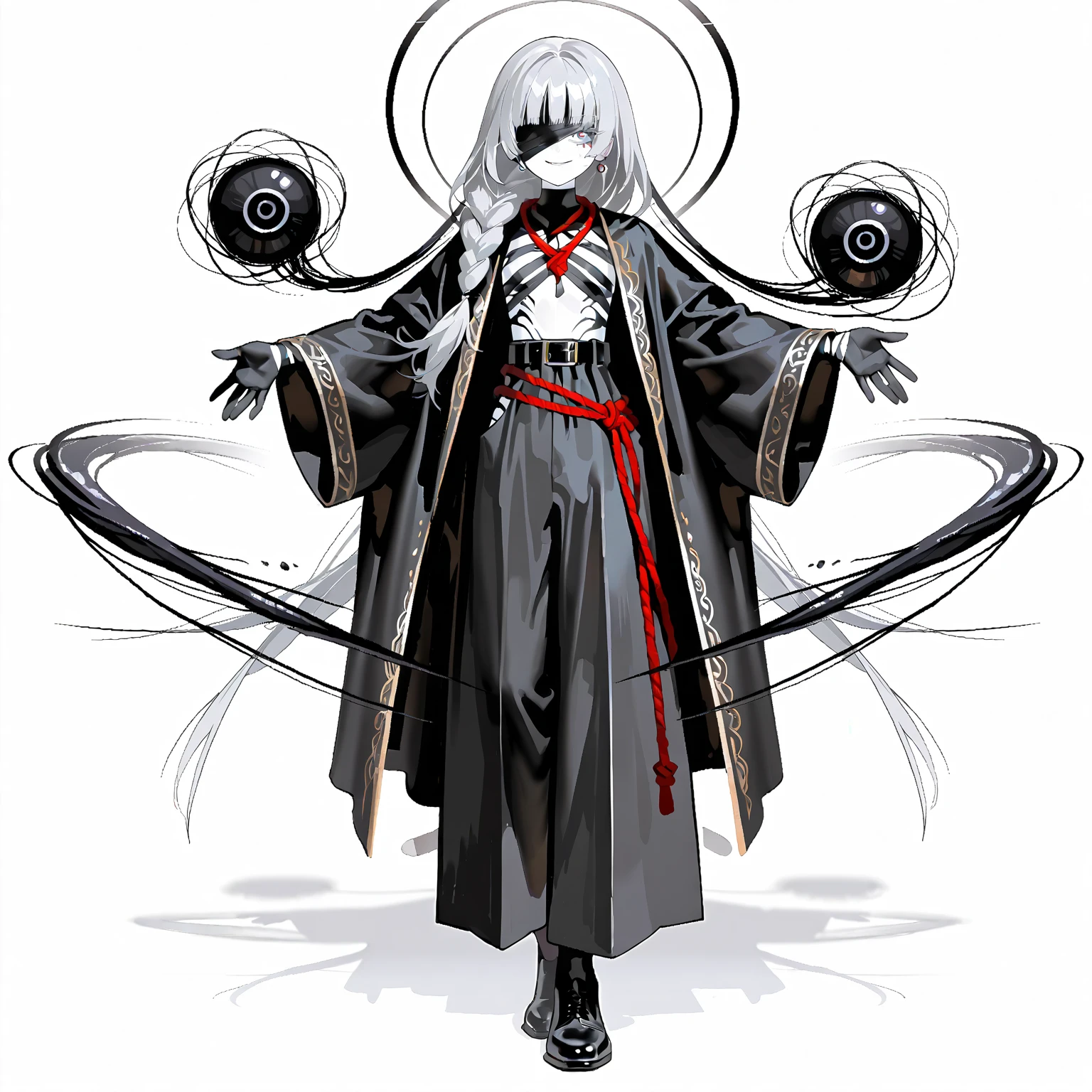 masterpiece、solo、one girl、short、student、long silver hair,Dark Grey Hair、 Bangs partially covering face、long hair、Unruly Hair、Left side hair in a braid、meditating、deflated eyes 、Grey eyeliner、thick eyelashes、Beautiful eyelashes、I'm wearing a black bandage on my right eye、black blindfold on right eye、smile、smile、Letter design on left cheek、Black bandages around both arms、I'm wearing a black bandage on my body、Open Black Robe、robe with wide cuff、black wide pants、Black leather shoes、and black gloves. black inner high neck、high neck inner、belt、suggests calm, . flat chest、cool vibe、Elegant appeal 、cool pose、Elaborate details with dynamic lighting, sharp contrast、mystical atmosphere.Balanced exposure highlight details,newest、Viewers' Perspective、Abstract art、fantastic、High Quality、very aesthetic、amazing modern character trend themes that are meditating、full shot、最High Quality、perfect face、newest 、 high resolution 、 Stunning Resolution 、super detailed、HDR、8K、Beautifully delicate eyes、 clear line、fantastic、Perfectly white skin、pure white skin、porcelain skin tone,very aesthetic、white background、white wall、full body、 intricate detail、dramatic shadows all over the cafe、standing、has a long candlestick、Red rope around neck、赤い縄のbelt、full bodyキャラクターデザイン、I'm wearing a stra around my neck