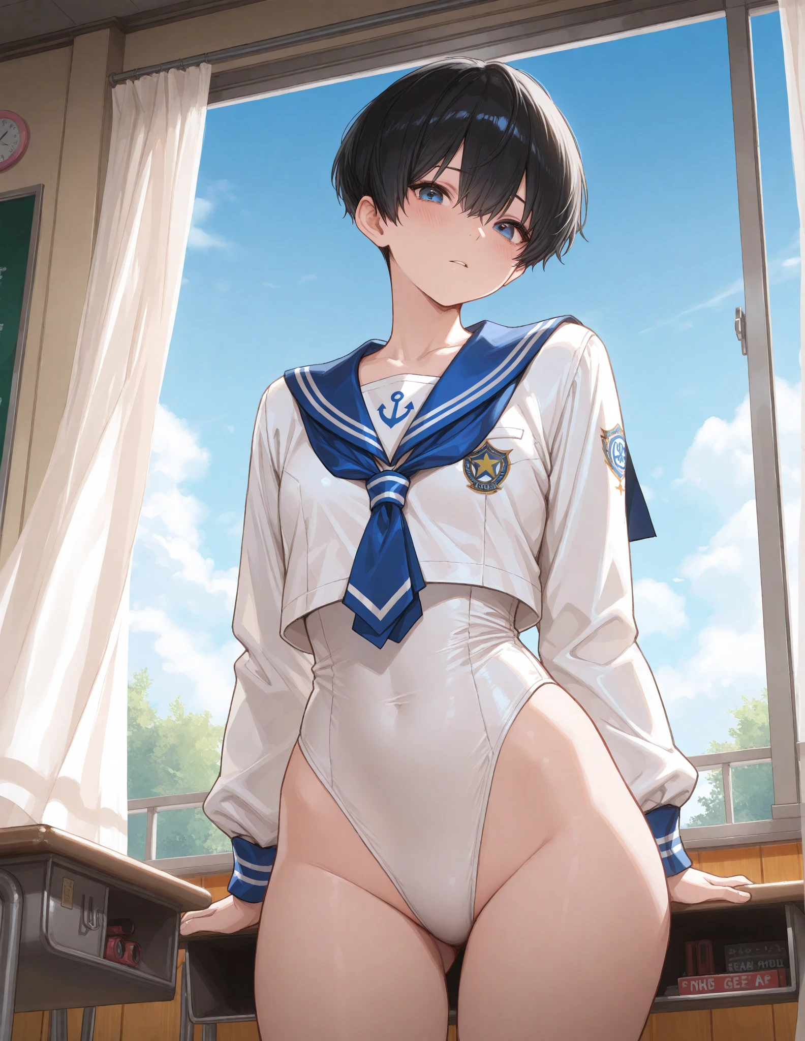 "(perfect masterpiece:1.2), (highest quality:1.2), stunning face, uniform, mature and chubby, Big eyes, compensate, long and luxurious eyelashes, lip whole, irresistible charisma.",Maid clothes,belly button,(((boy))),(((very short hair))),abs,raised his arms,micro swimwear,NSFW,(((muscle))),sailor suit,smile