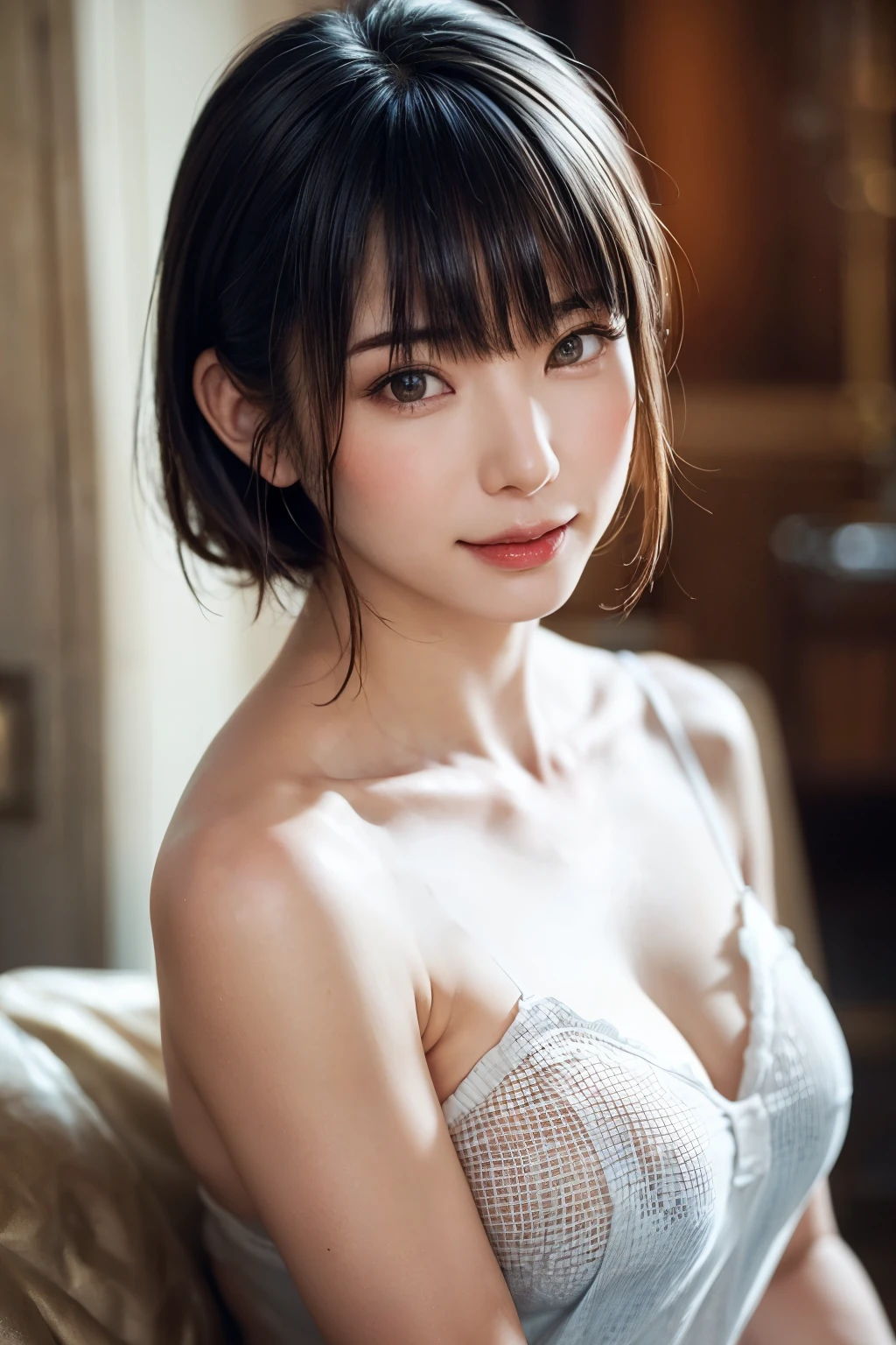 (table top, highest quality、ultra high resolution、face focus focus、focus on the sides、navel focus、decolletage focus、very attractive beauty、Adds intense highlights to the eyes、look closely at the camera:1.4、Absolutely beautiful bangs:1.4、Brunette short bob hair with bangs:1.4),1 girl, Report, black haired, realistic, looking at the viewer, pale black eyes, short hair, lips, lip gloss, Upper body、Big eyes、eyelash)、((italian natural background、hyper real stick:1.4))、((short hair with bangs:1.4、Beautiful bangs with 46 points:1.4、{Huge|big|Hugeな|mega} chest:2, cleavage:2、Big eyes、Give your students very powerful highlights、very bigger chest、look at the audience、very beautiful beauty、show me your ears、beautiful long neck、beautiful decollete、smile、A smilee　beautiful teeth、Open your mouth and smilee))、28 years old、very cute super model、perfect anatomy