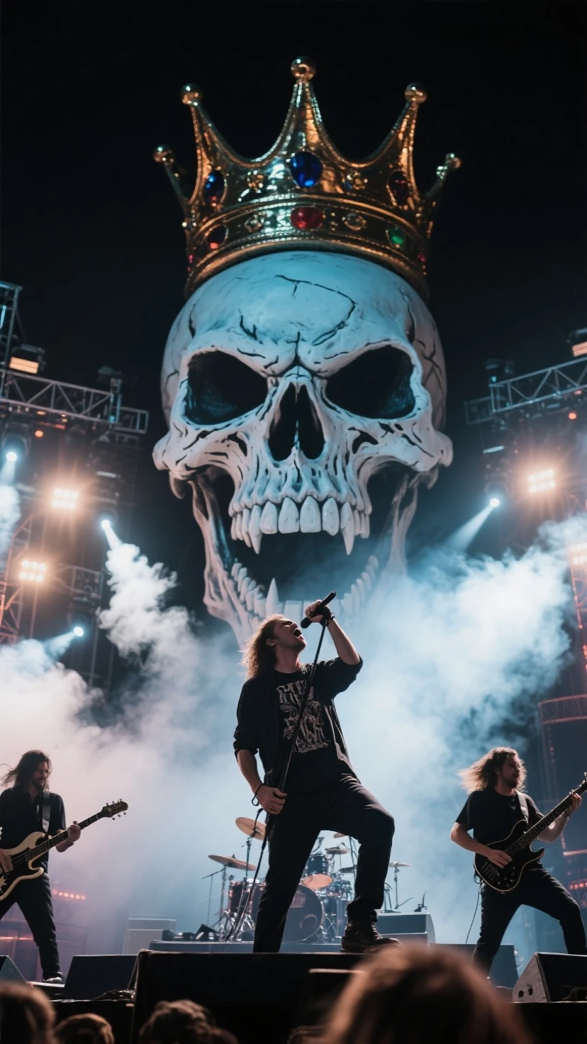 Music festival, giant angry skull with a crown on top of stage. night, light strobe. smoke. metal band on stage. low angle shot at lead singer.