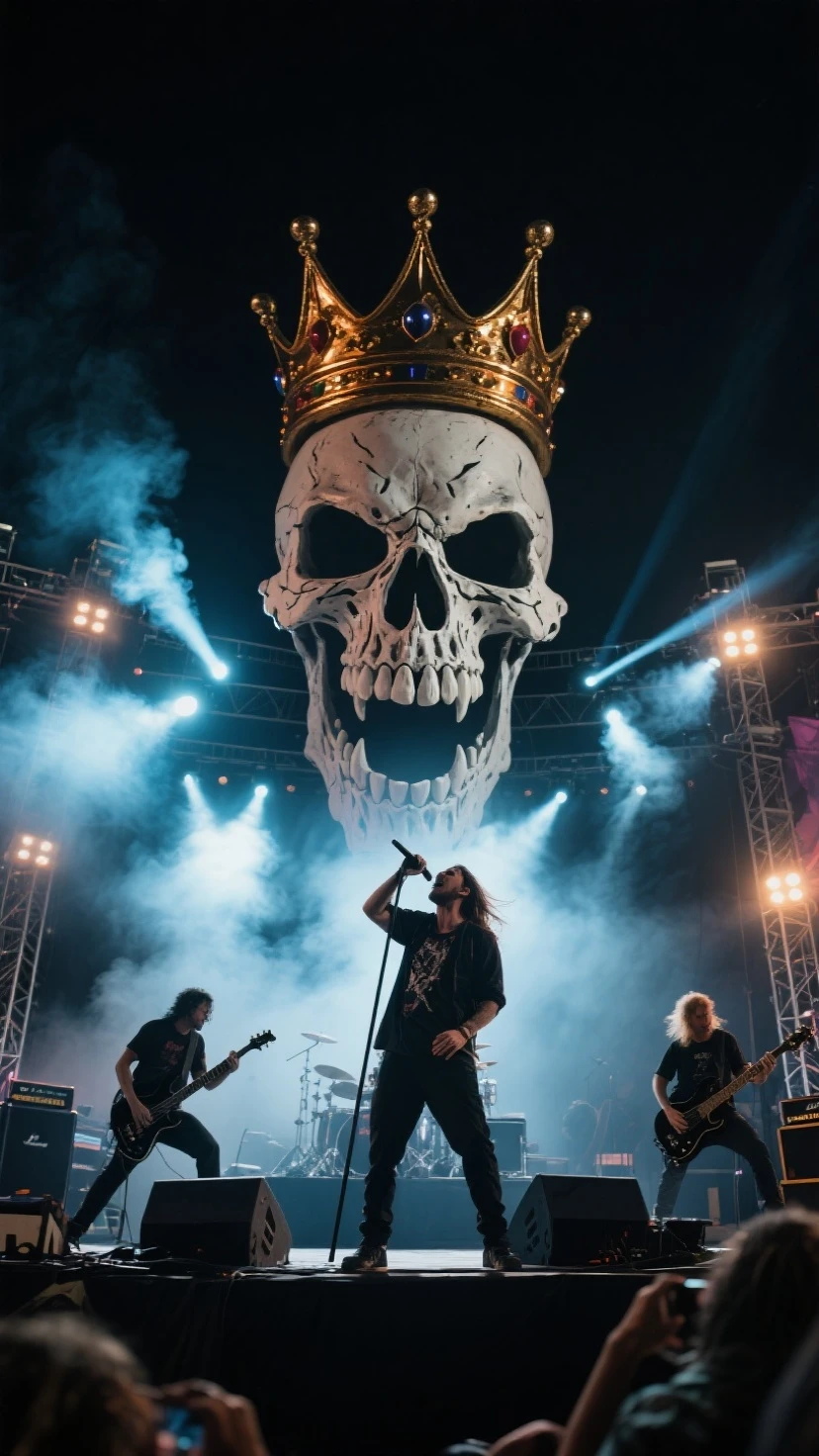 Music festival, giant angry skull with a crown on top of stage. night, light strobe. smoke. metal band on stage. low angle shot at lead singer.
