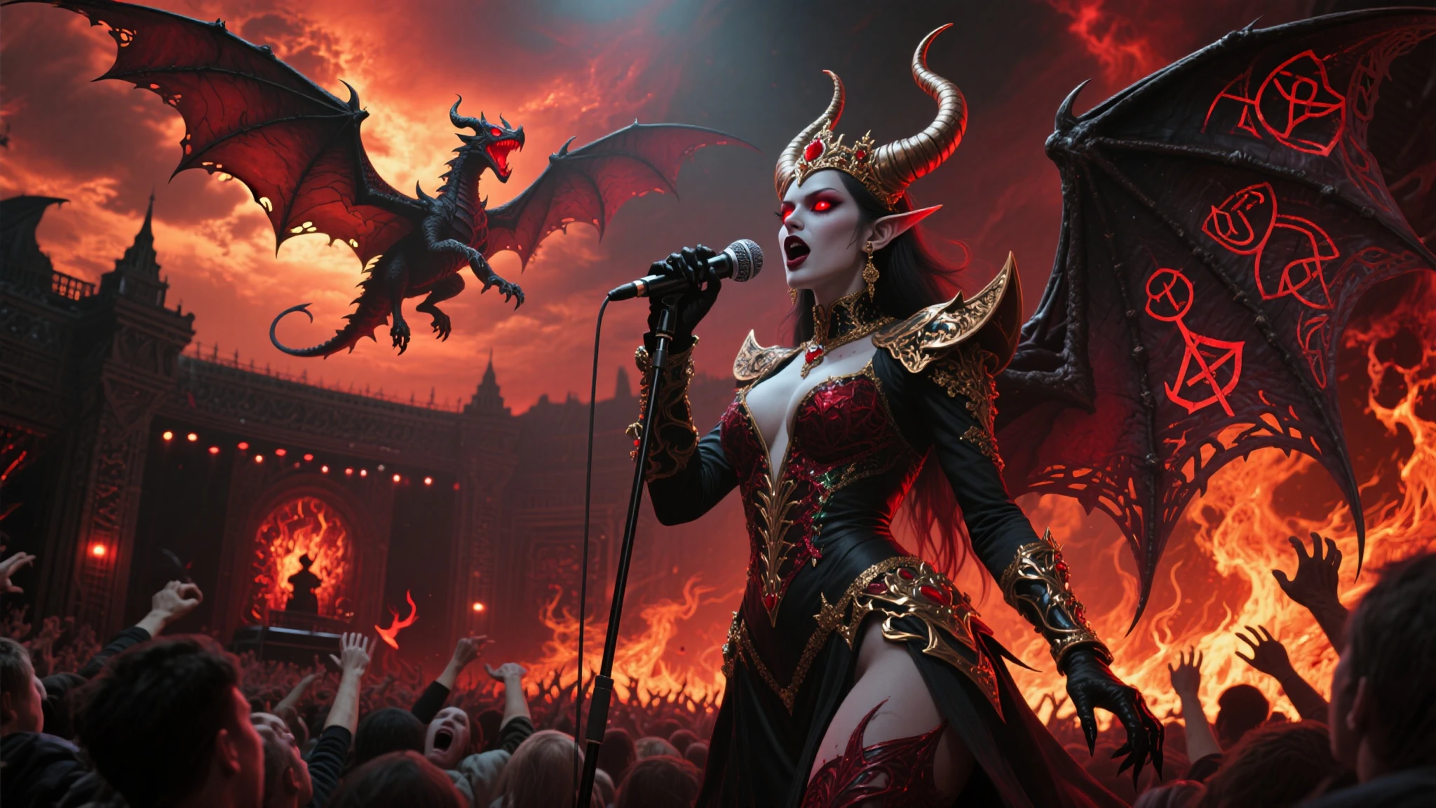 Fancy royal Succubus singing a song on the dragons, dragon flying on the hell sky, microphone, fancy horns, large demonic wings decorated with runes, show time, the audiences' ears bleed and panic, a fiery and tormented concert, the bottom of hell, sci fi, fantastic, realistic, 4K, detailed, gothic room, gothic style, dark and deep, devilish glances, glowing red eyes