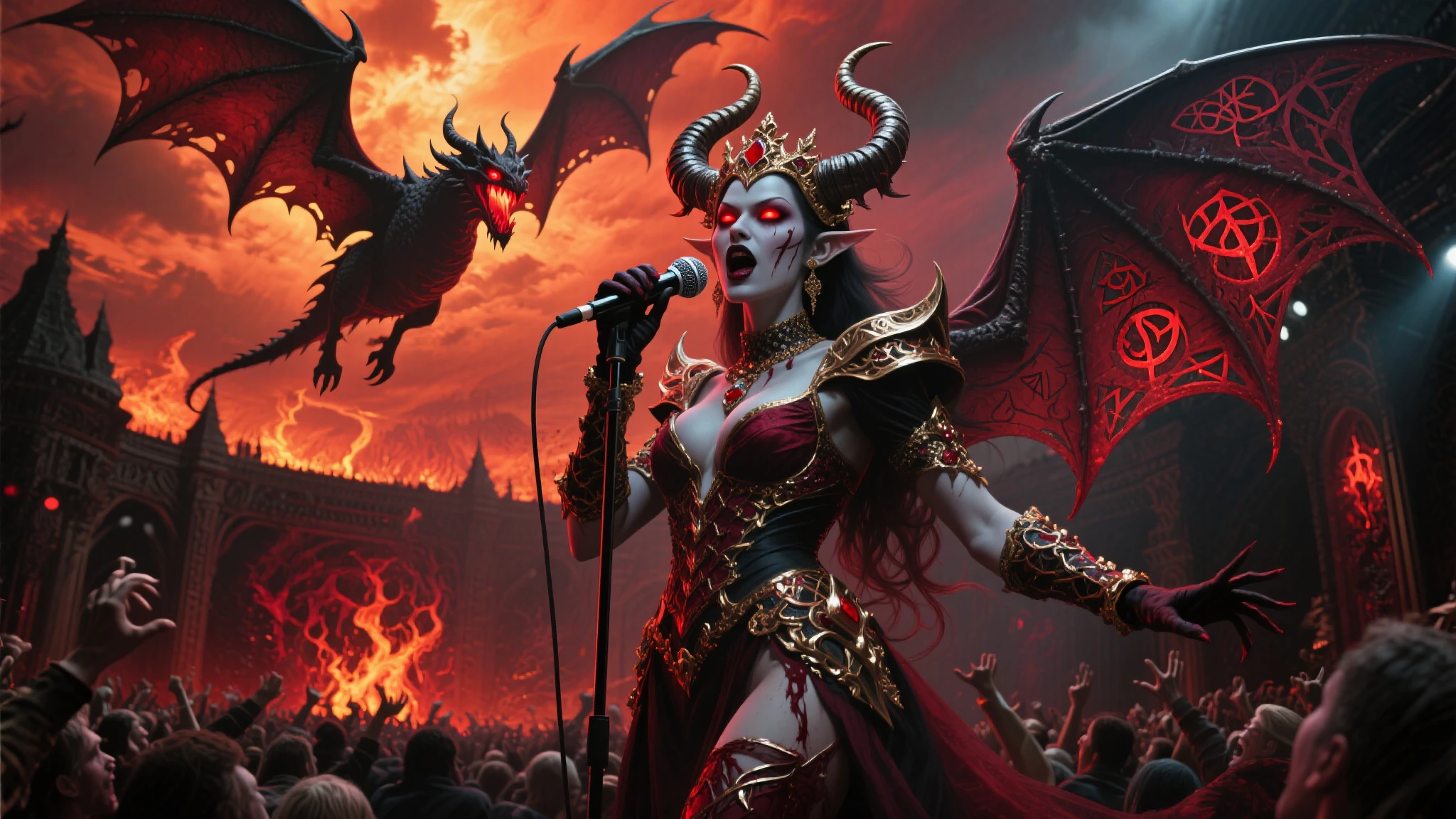 Fancy royal Succubus singing a song on the dragons, dragon flying on the hell sky, microphone, fancy horns, large demonic wings decorated with runes, show time, the audiences' ears bleed and panic, a fiery and tormented concert, the bottom of hell, sci fi, fantastic, realistic, 4K, detailed, gothic room, gothic style, dark and deep, devilish glances, glowing red eyes