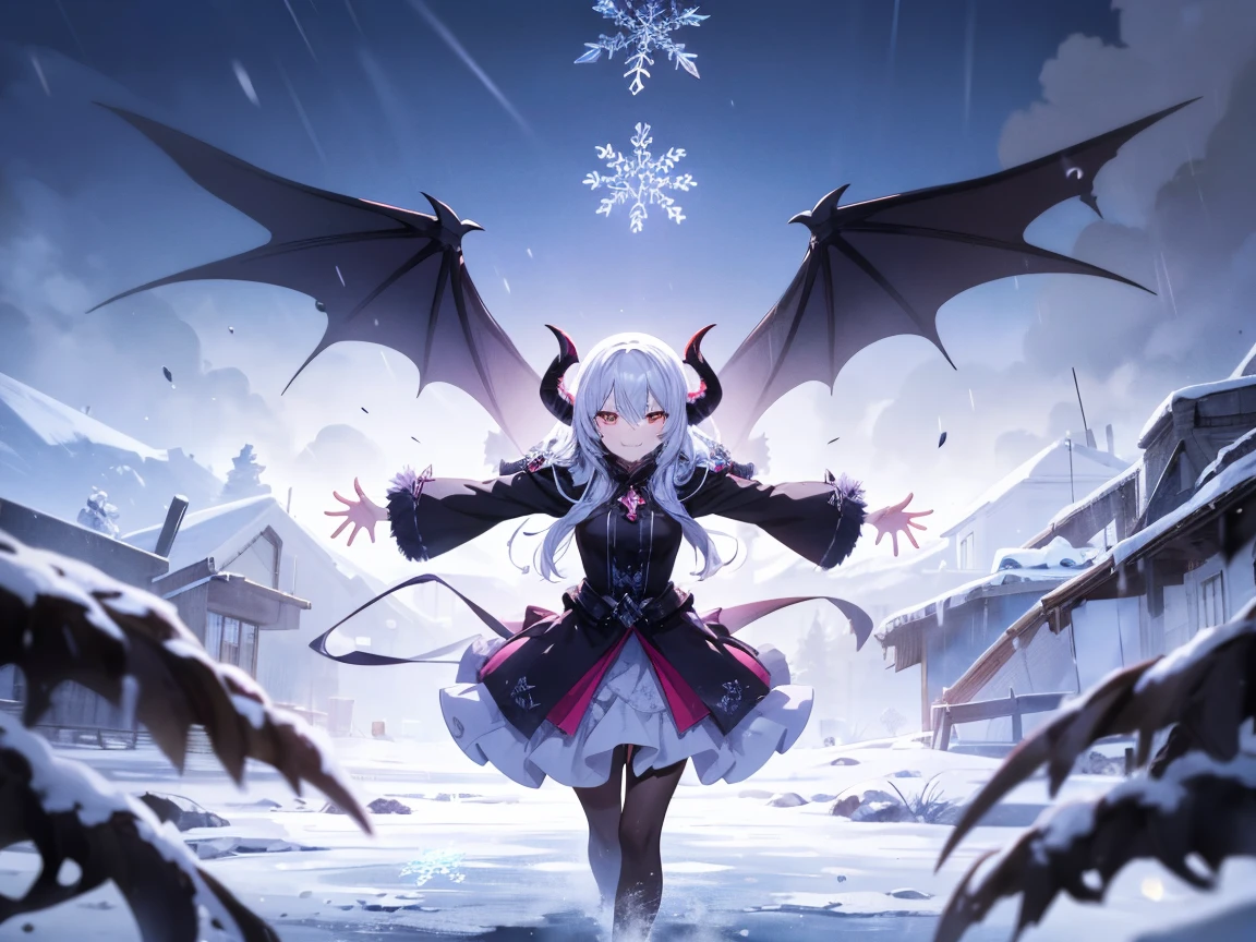 1girl, 1other, dragon, dragon creature, red eyes, gloves, skirt, outdoors, looking at viewer, thighhighs, shirt, hair between eyes, long hair, cape, holding, bangs, black skirt, 1boy, white shirt, long sleeves, cloak, open mouth, belt, ahoge, standing, parted lips, sky, pleated skirt, horns, day, white hair, zettai ryouiki, solo focus