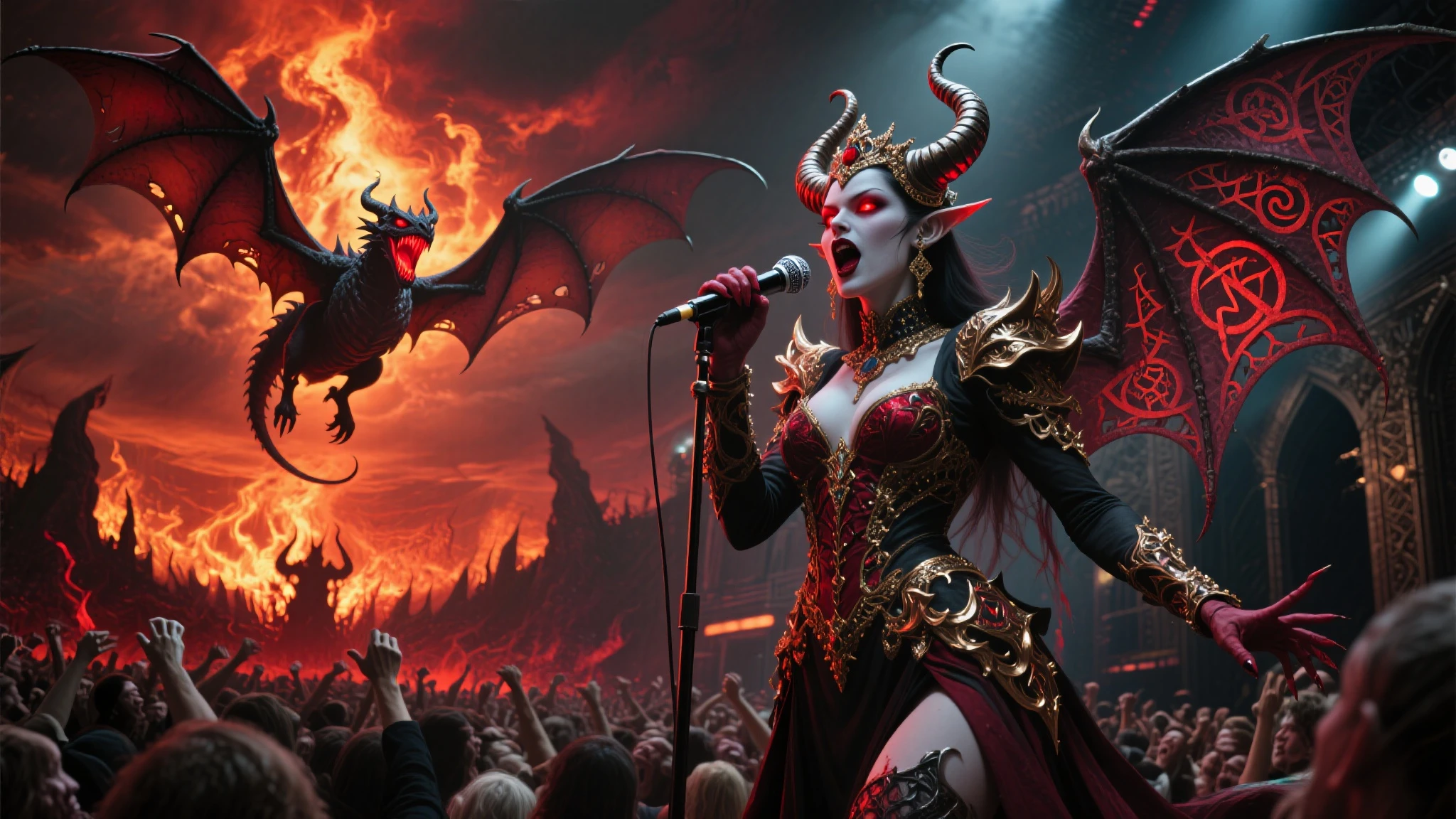 Fancy royal Succubus singing a song on the dragons, dragon flying on the hell sky, microphone, fancy horns, large demonic wings decorated with runes, show time, the audiences' ears bleed and panic, a fiery and tormented concert, the bottom of hell, sci fi, fantastic, realistic, 4K, detailed, gothic room, gothic style, dark and deep, devilish glances, glowing red eyes