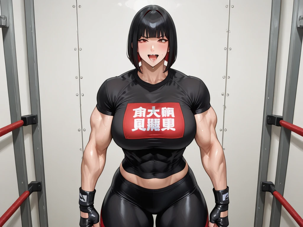helga, dark-skinned female, short hair, silver hair, huge breasts, muscular female, thick thighs, thick arms, tomboy, holding axe, reflection light, blending, bloom, god rays, ray tracing, Fujicolor, drop shadow, Gothic art, anime, Ghibli-like colours, anime style, UHD, retina, masterpiece, ccurate, anatomically correct, textured skin, super detail, high details, high quality, award winning, best quality, highres, 1080P, HD, 4K, 8k, 16k,standing, warrior pose, axe holding,refsheet, charactersheet, red bikini, short pants, happy, smile, blush