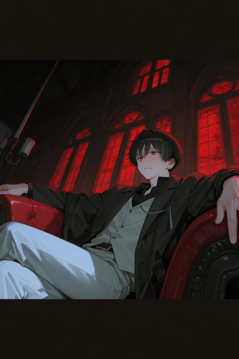 <lora:NatsukiSubaru:0.8>, BestCar,  wrath, black_hair, brown_eyes, scarf, blood, 1boy, solo, bags_under_eyes, crazy, sitting on staircase