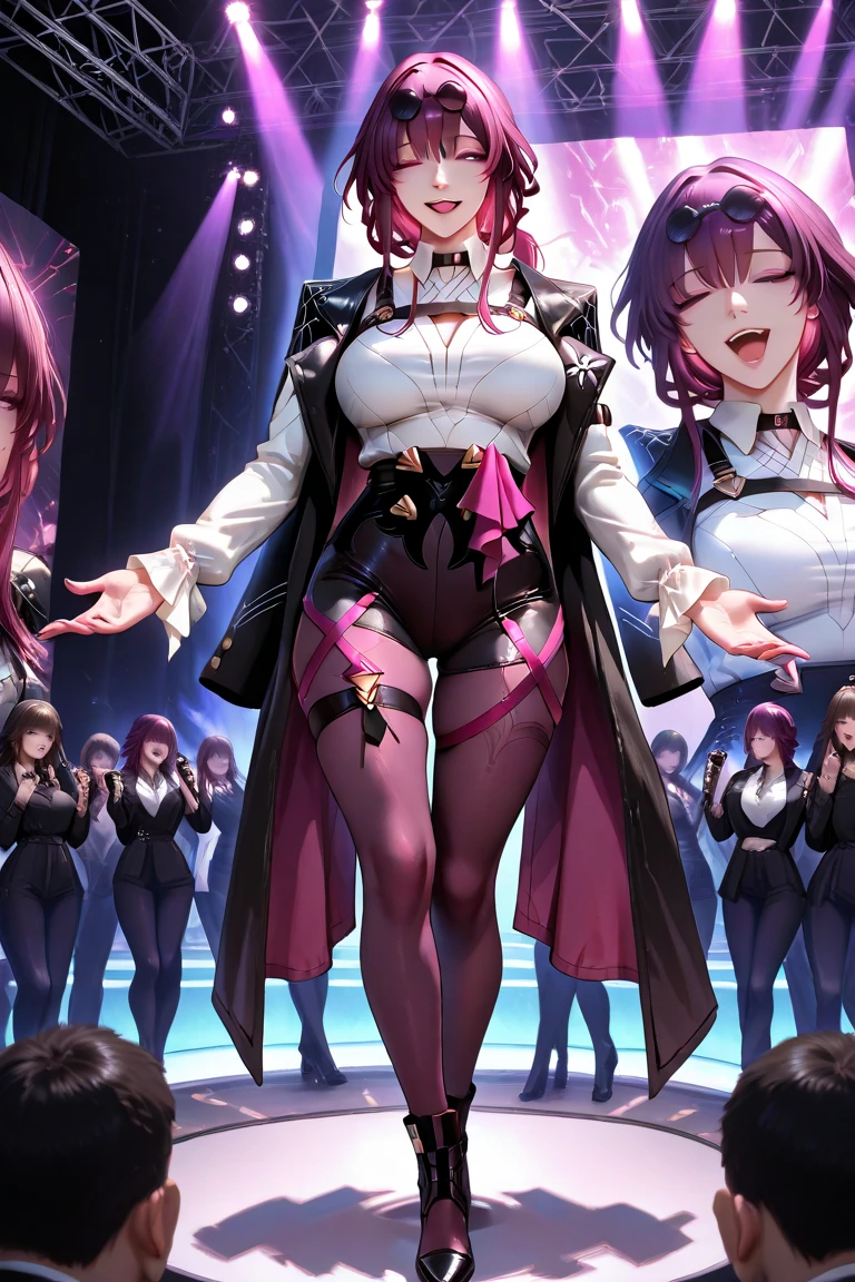 A young and beautiful person,(Highest quality,Extremely detailed depiction,Incredibly absurd high resolution,Anatomically accurate depiction,Nice hands, Perfect Fingers,Curvy Legs),(Glowing Skin,Shiny skin),(Sexy Idol),(Cute idol costumes,Black Leather Jacket:1.3,Cute hairstyle,tights,Choker of Hearts,boots,Strong gloss,),eyelash,(Bright pink eyes,There is cleavage in the chest,A seductive smile,Glossy Lips,Seductive gestures),Sweat,whole body