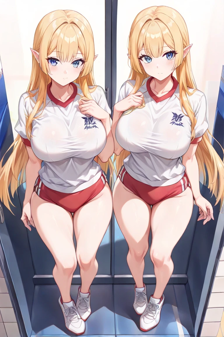 Dorsal position, Dorsal position, blue eyes, hair ornaments, Long Hair, Orange Hair, tiara, Braiding, hair Braiding, break (((((Red flower))))),(((((White shirt))))),(((((Gym Wear))))) break looking at viewer, whole body, break outdoors, break (masterpiece:1.2), Highest quality, High resolution, unity 8k wallpaper, (shape:0.8), (Beautiful details:1.6), Highly detailed face, Perfect lighting, Extremely detailed CG, (Perfect hands, Perfect Anatomy),(((Big Breasts))),((Thighs)),(smile),(((alone)))