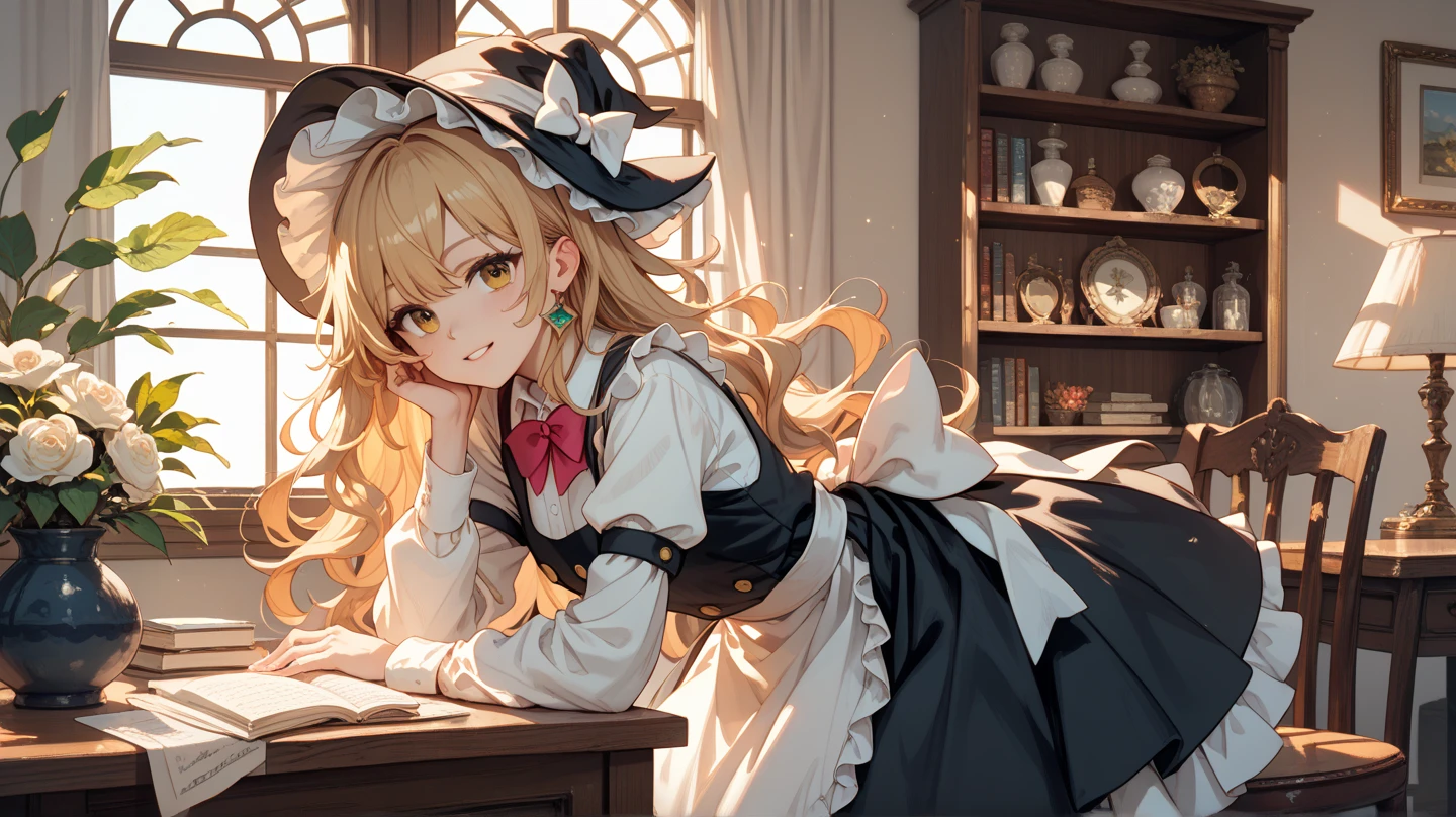 Blonde maid, green eyes, black Gothic costume, quietly cleaning in the castle
