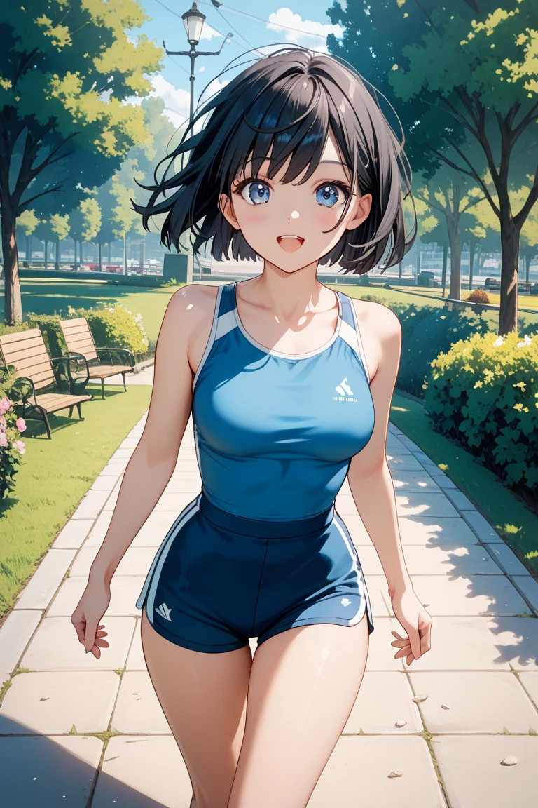an extremely delicate,
beautiful girl,
break,
8k,
best quality,
masterpiece,
ultra hires,
ultra detailed girl,
super fine illustration,
break,
active pose,
street,
shiny,
bright,
rim lighting,
break,
1girl,
solo,
college age,
perfect female body,
black hair,
short hair,
bangs hairpin,
asymmetrical bangs,
round face,
PaleTurquoise eyes,
sleepy,
(smile:0.8),
medium breasts,
open mouth,
break,
(white school swimsuit:1.4),