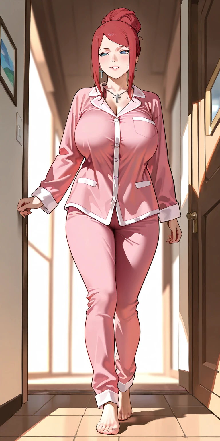 full body,wearing pajamas in her room, cleavage,Erza Scartel, female, 25 years old, red hair, ruby red eyes, smiling and blushing, large breasts, well-shaped rear. Red hair