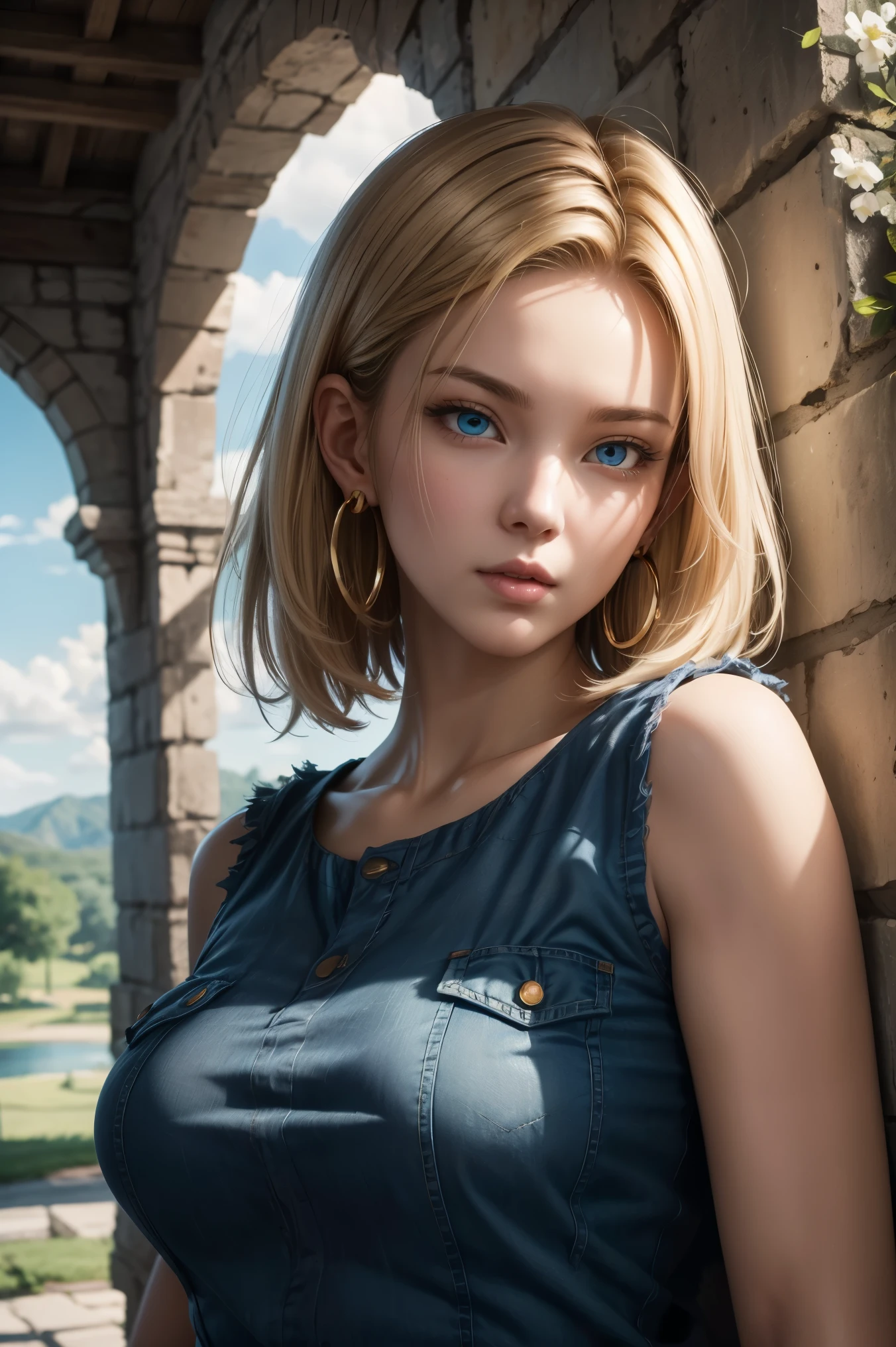 No.18,Dragon Ball Z,Dragon Ball Super,One-length hair,beautiful white blond hair,Shortcut, beautiful blue eyes ,PINK LIPS,white skin,cool expression,black sleeveless,blue jeans per boy,Ultra HD,super quality,masterpiece,DSLR,photorealistic, Detailed Details,Vivid details,depicted in detail,Detailed face, Detailed Details,Super Details,Realistic Skin Texture, colorful candy room ,Perfect Anatomy,anatomically correct hands,anatomically correct fingers,complex 3d rendering,big breasts,Gold ring earrings,nature,Beautiful spring scenery,Mysterious spring scenery,Beautiful Dusk,Hair fluttering in the breeze,Beautiful like a painting,takes pictures of Hirose's whole body,9 heads,