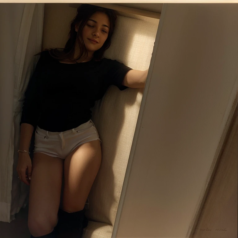 Arafed woman wearing a white sweater and white socks standing on a bed, Leaning against the window, Anna Nikonova aka Newmilky, next to a window, standing near a window, near a window, next to a big window, Portrait Sophie Mudd, chica sexy, brown hair and a perfect body, front of the window, Victoria Gavrilenko, (Best Quality, realist, high resolution, HDR:1.2)