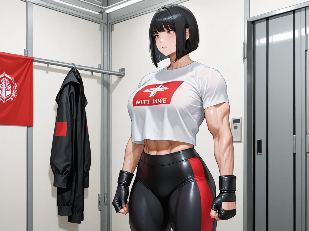a muscular female bodybuilder in (( red bra inside (office suit) and her hair is (gradient of dark blue and red) from end to the right side of head)), detailed face, beautiful detailed eyes, beautiful detailed lips, ((extremely detailed face and muscles)), long eyelashes, strong muscles bulging through suit, dynamic pose, professional studio lighting, hyperrealistic, 8k, high quality, photorealistic, physically-based rendering, concept art, dramatic color palette,((abs)).