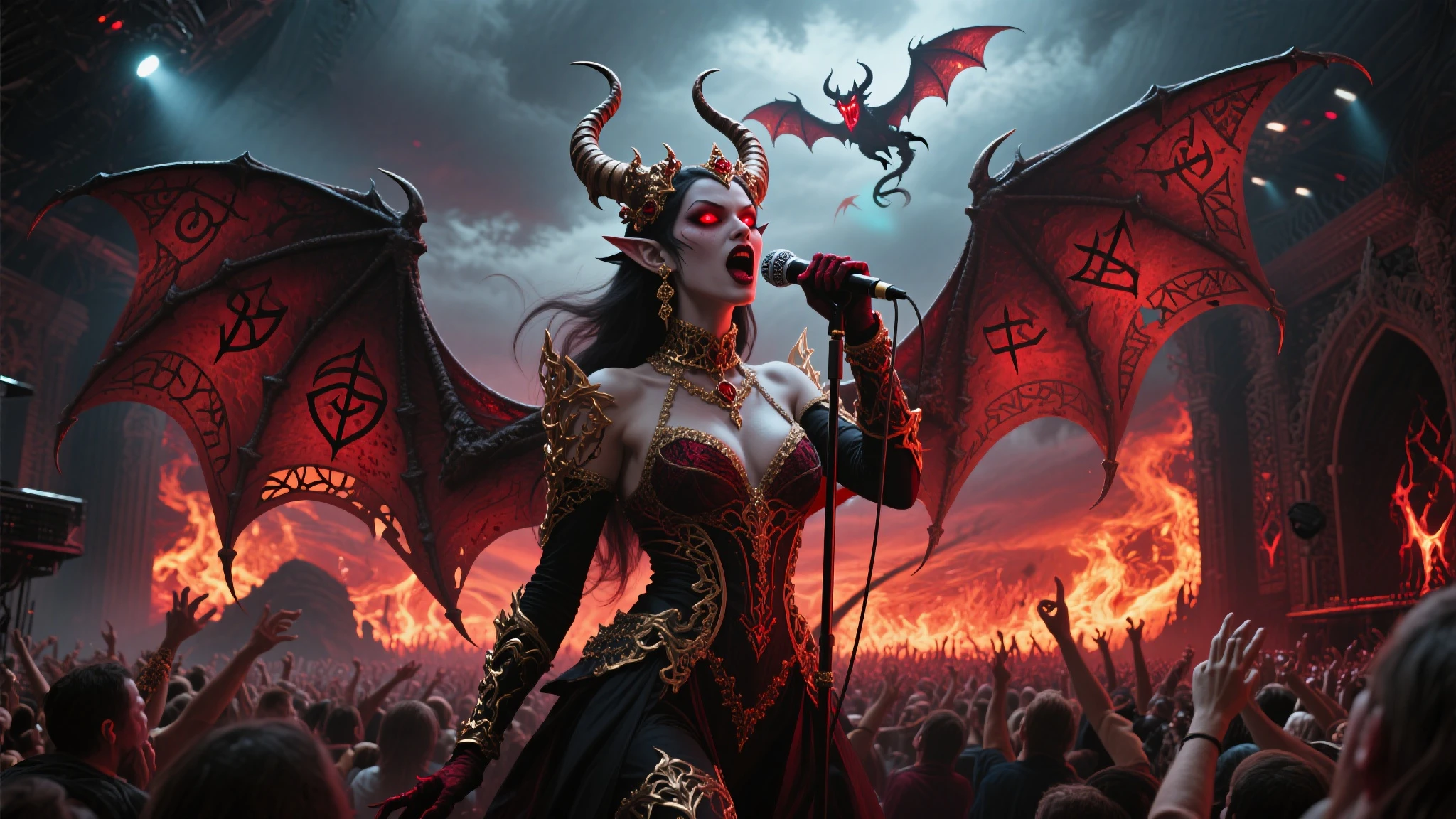 Fancy royal Succubus singing a song on the dragons, dragon flying on the hell sky, microphone, fancy horns, large demonic wings decorated with runes, show time, the audiences' ears bleed and panic, a fiery and tormented concert, the bottom of hell, sci fi, fantastic, realistic, 4K, detailed, gothic room, gothic style, dark and deep, devilish glances, glowing red eyes