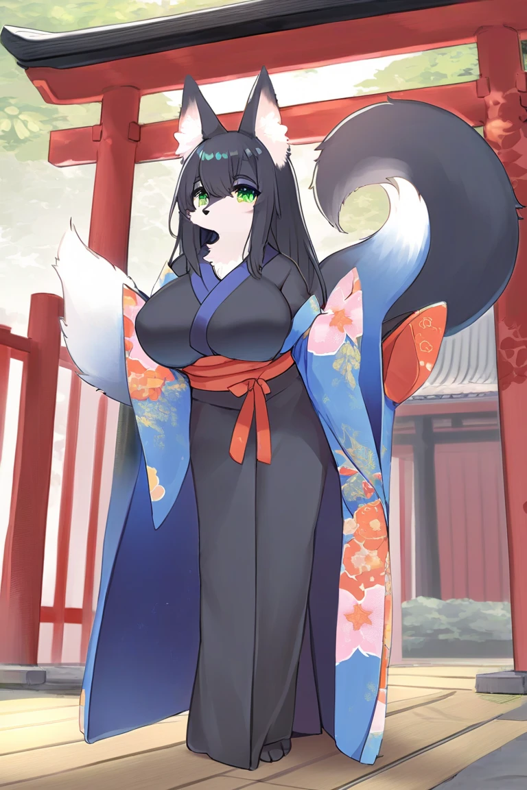Beautiful black Kitsune, red eyes, highly detailed face, highly detailed eyes, big breasts, sexy figure, mature woman, several black kitsune tails, soft long Black Kitsune ears, Wearing red and black open shoulders kimono, wide waist