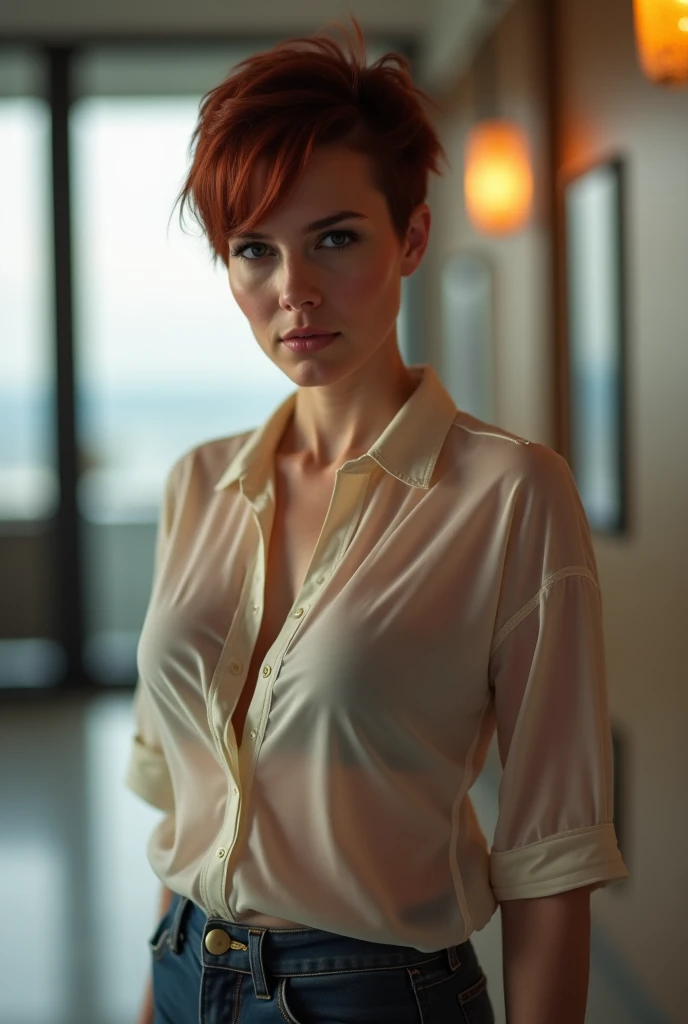 Allison Scagliotti, A girl with red hair, bobcut hairstyle, full body shot, detailed eyes and face, cardigan, bare legs, short hair, asymmetric haircut, inverted bob,