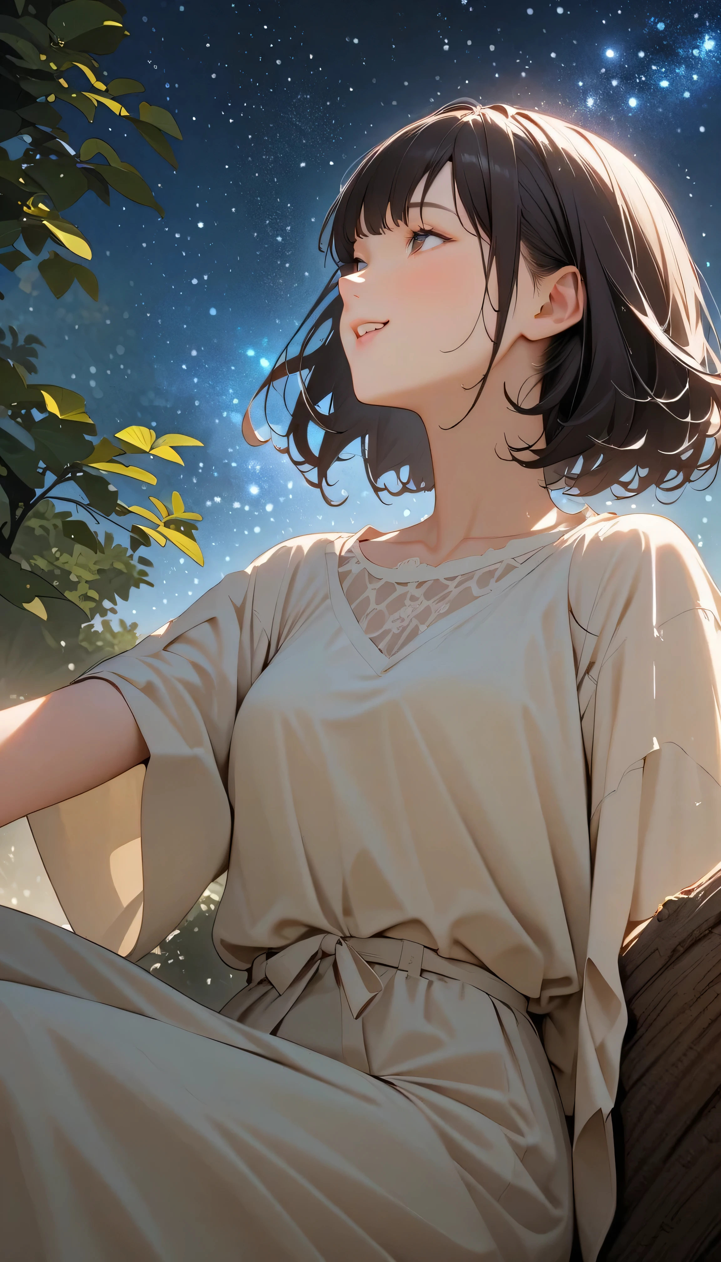 (best quality:1.2, 非常にdetailsな, newest, best quality, Best Aesthetics), 8K Ultra HD, 非常にdetailsな, details, Bold composition, (Perfect human anatomy), beautiful and very delicate texture, Delicate and Dynamic, romantic and sweet style, concept art style, 非常に複雑なdetails, the contrast between light and dark is clear, Structured, fantastic night, light gradation , Vivid and gentle colors, An old tree, Fantastic starry sky, backlight, One nice girl, 非常にdetailsな目と顔, Dark Eyes, smooth skin texture , shiny skin, kind expression, Girl sitting on a tree branch, smiles, black hair, young, light clothing, 2.5d, realistic, looking up at the sky, angle from below