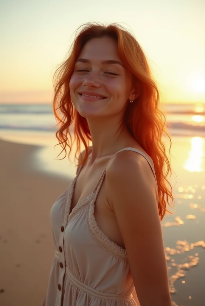 Portrait of the navel at the head of a red-haired French woman of 20 years, small build, dressed in an antique Roman dress drapped in ecru linen, on a beach, dynamic position, a hand in the hair, head tilted, seduction, charm, slight charming smile, sunset, cinematographic rendering, 32K, RAW
