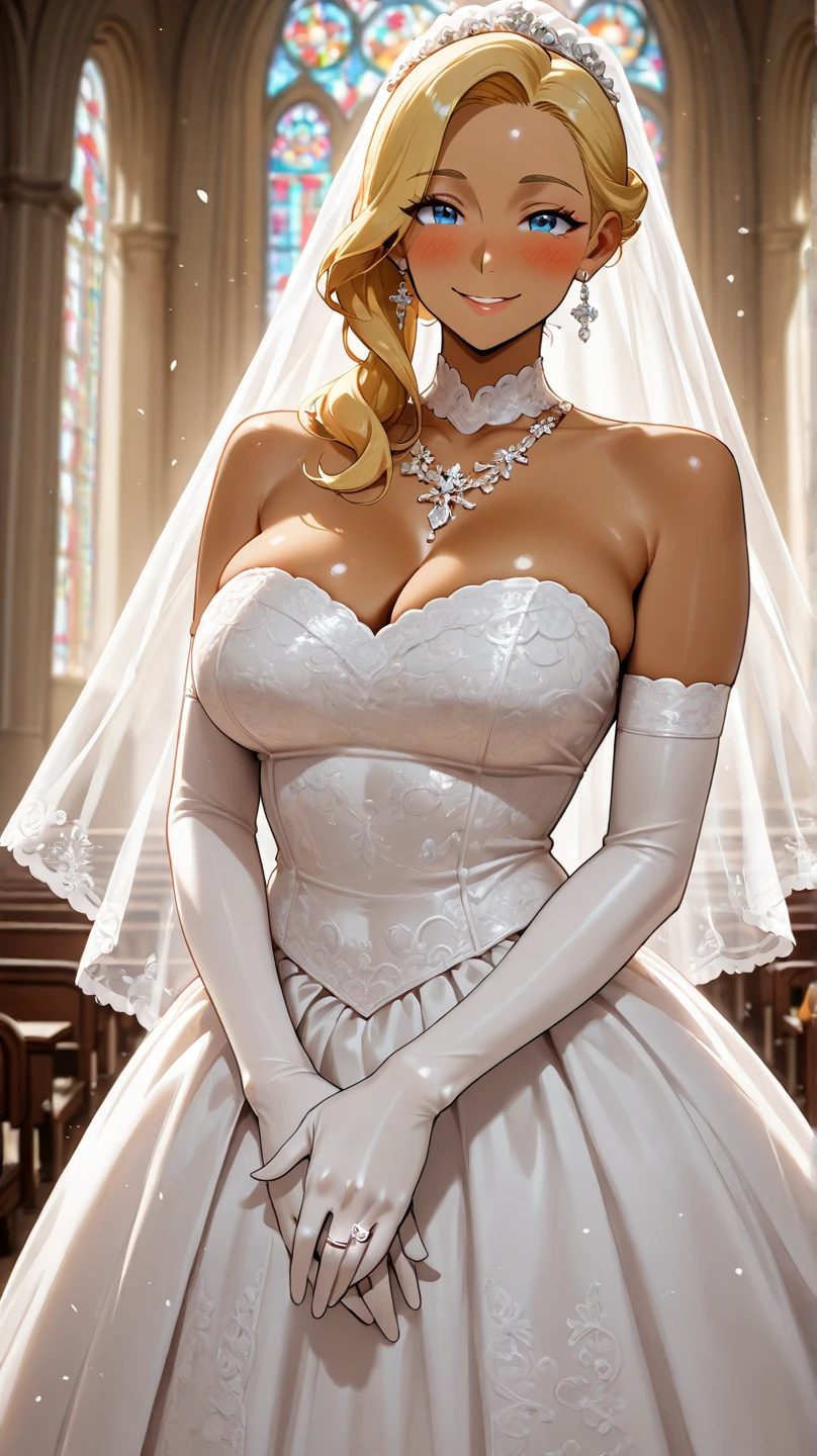 Barbie with huge breasts in a micro wedding dress with huge cleavage in the church