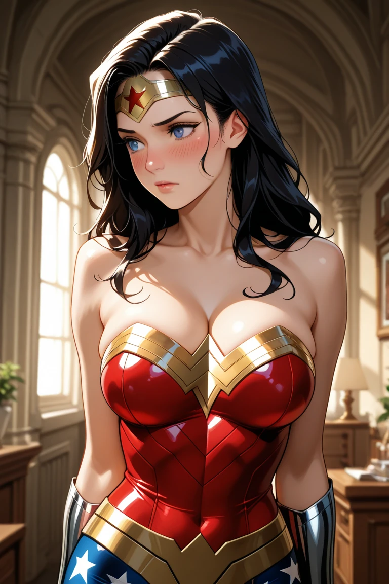female, wonder woman, large breasts, ponytail, ((curvy body))