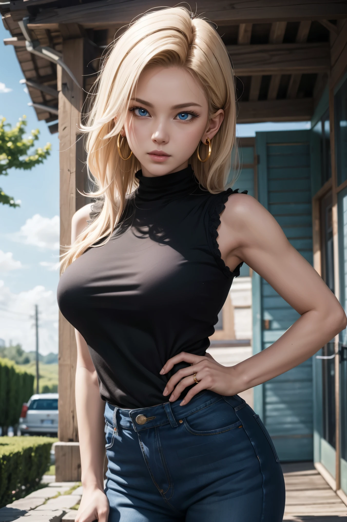 No.18,Dragon Ball Z,Dragon Ball Super,One-length hair,beautiful white blond hair,Shortcut, beautiful blue eyes ,PINK LIPS,white skin,cool expression,black sleeveless,blue jeans per boy,Ultra HD,super quality,masterpiece,DSLR,photorealistic, Detailed Details,Vivid details,depicted in detail,Detailed face, Detailed Details,Super Details,Realistic Skin Texture, colorful candy room ,Perfect Anatomy,anatomically correct hands,anatomically correct fingers,complex 3d rendering,big breasts,Gold ring earrings,nature,Beautiful spring scenery,Mysterious spring scenery,Beautiful Dusk,Hair fluttering in the breeze,Beautiful like a painting,takes pictures of Hirose's whole body,9 heads,