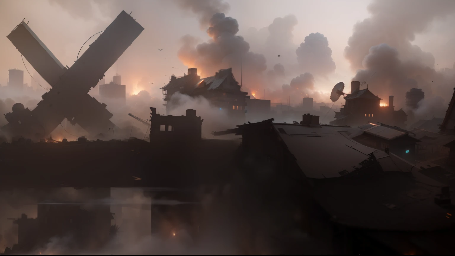 mechanical，Abandoned，Dilapidated buildings，The end of the cyberera，Team battles，Beacon smoke，battlefield，Horizontal game scene ，Game illustrations，Mei Xuan，The picture is portrayed in detail