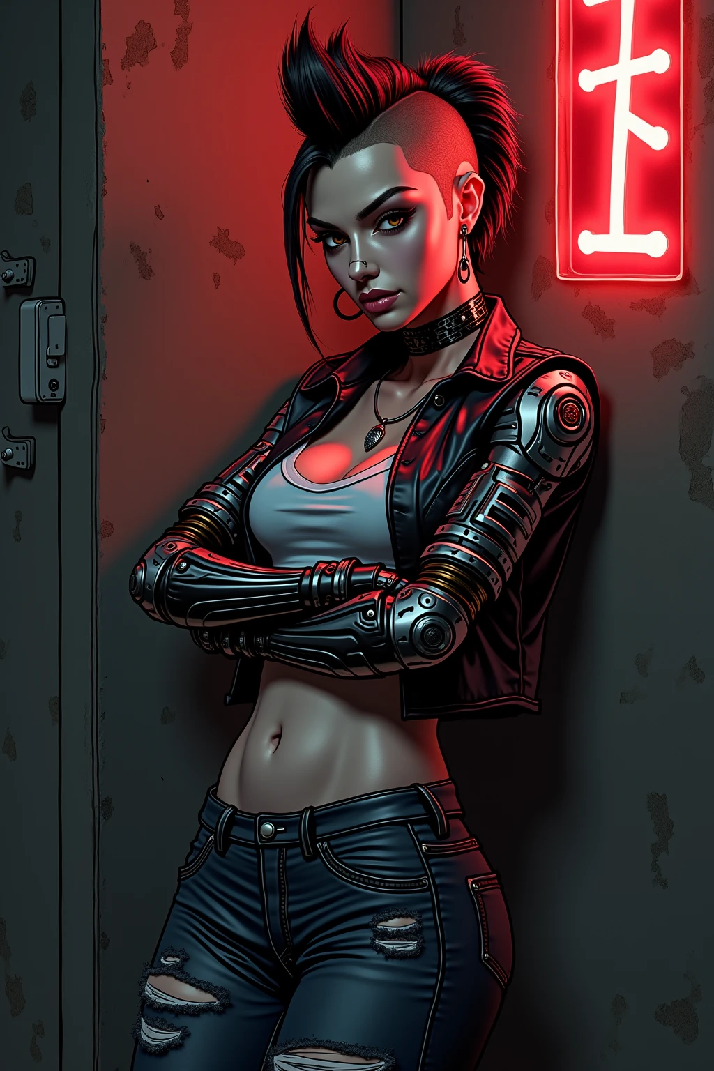 Lexa Doig, short bobcut black hair with red streaks, cyberpunk corset, circuit tattoos, intricate tattoos