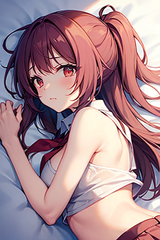 one girl, wolf ears, shy, naive, cute, girl is falling in loye with me, stare at me, beautiful red eyes, energetic girl, seduce me, camisole" young, pure, lying on bed