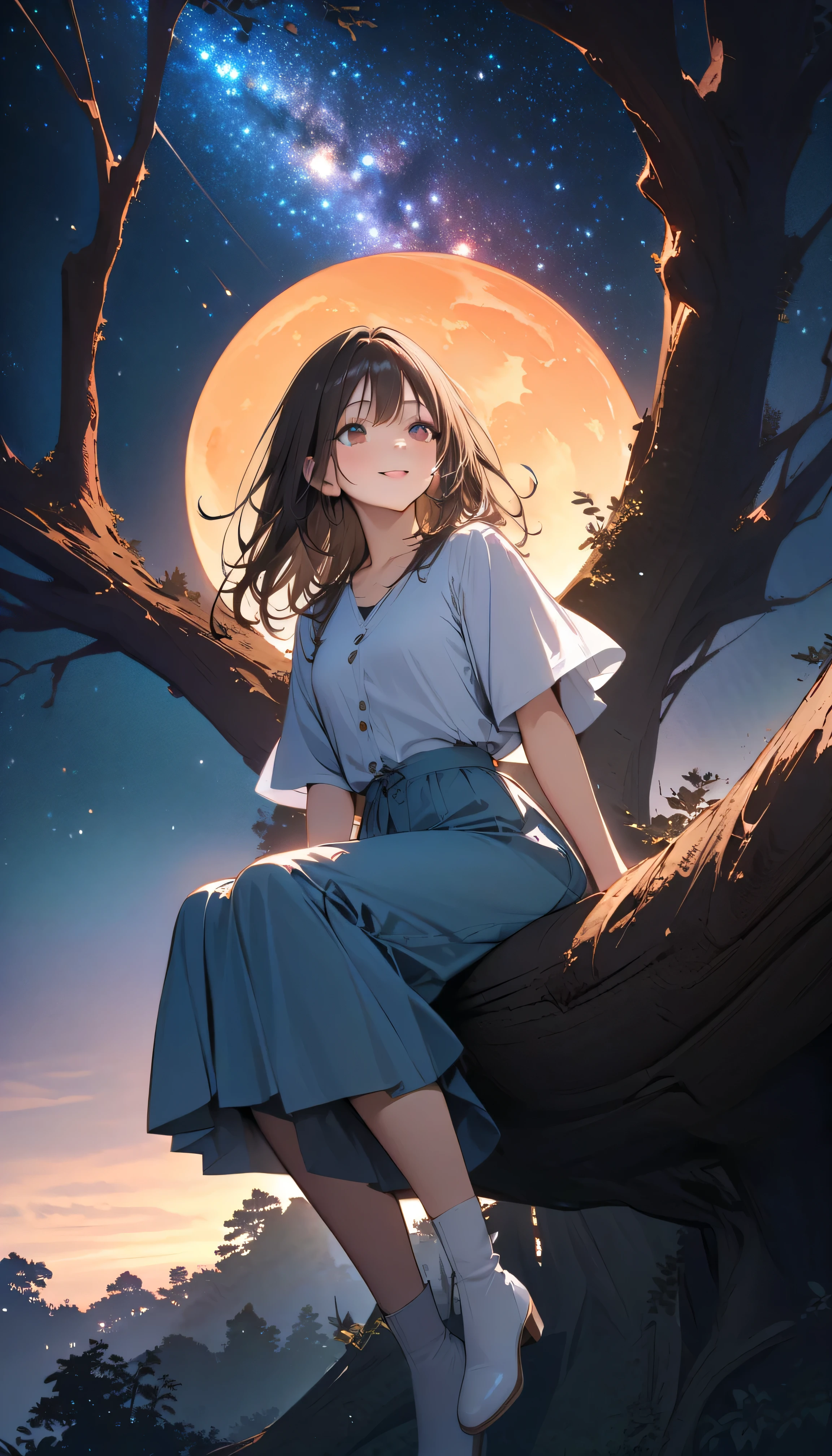 (best quality:1.2, 非常にdetailsな, newest, best quality, Best Aesthetics), 8K Ultra HD, 非常にdetailsな, details, Bold composition, (perfect human structure), beautiful and very delicate texture, Delicate and Dynamic, romantic and sweet style, concept art style, 非常に複雑なdetails, the contrast between light and dark is clear, Structured, fantastic night, light gradation , Vivid and gentle colors, An old tree, Fantastic starry sky, backlight, One nice girl, 非常にdetailsな目と顔, Dark Eyes, smooth skin texture , shiny skin, kind expression, Girl sitting on a tree branch, smiles, black hair, young, light clothing, 2.5d, realistic, looking up at the sky, angle from below