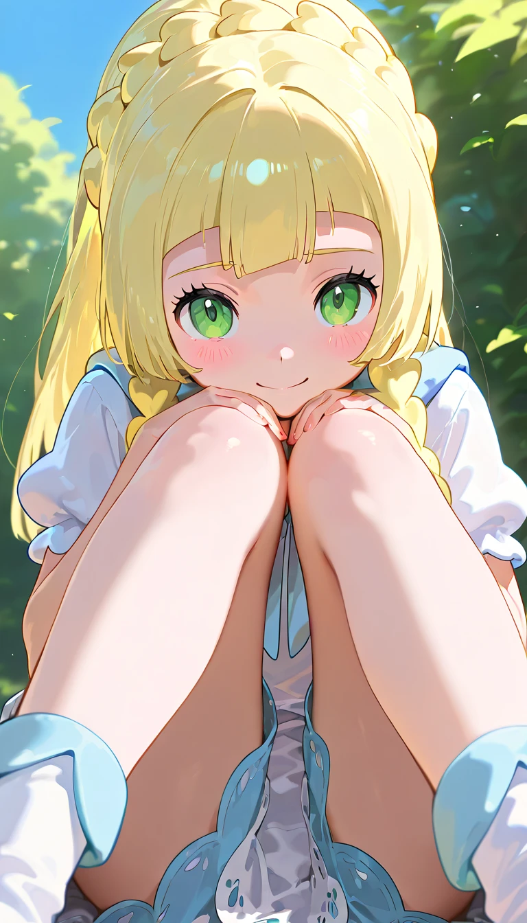 nsfw,,1 person,Sweat,White Breath,solo,Pokémon,Lillie,Groin bulge,(Cleavage voyeur),Leaning forward,room,(F Cup),View from above the parka