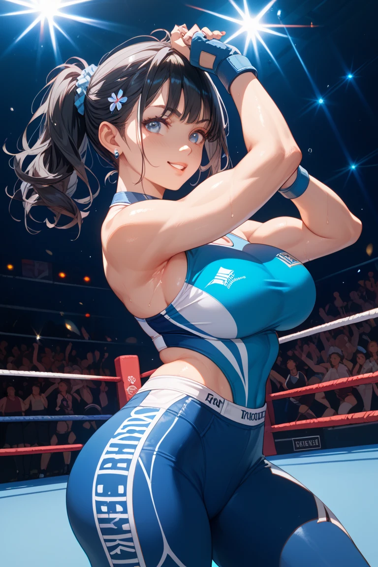 score_9,score_8_Excellent,score_7_Excellent,masterpiece,Highest quality, Source Anime, Realistic, sExcellenter detailed, Very detailed, evaluation_safety,
One person, wrestling, Fighting Pose,
Break Girl, , Straight Hair,hair band, (Blunt bangs), Black Hair, (puppet, small and cute brown eyes), Curled eyelashes, (Large Breasts:0.9),
Shiny Hair, Beautiful attention to detail, Beautiful Face,The body is slim,
(Cute white one-piece swimsuit,Arm band, wrestlingブーツ:1.2), Sweat,
blush, strict, Open your mouth, Heavy breathing,
stage, wrestling stage, crowd, illumination, Shadow,