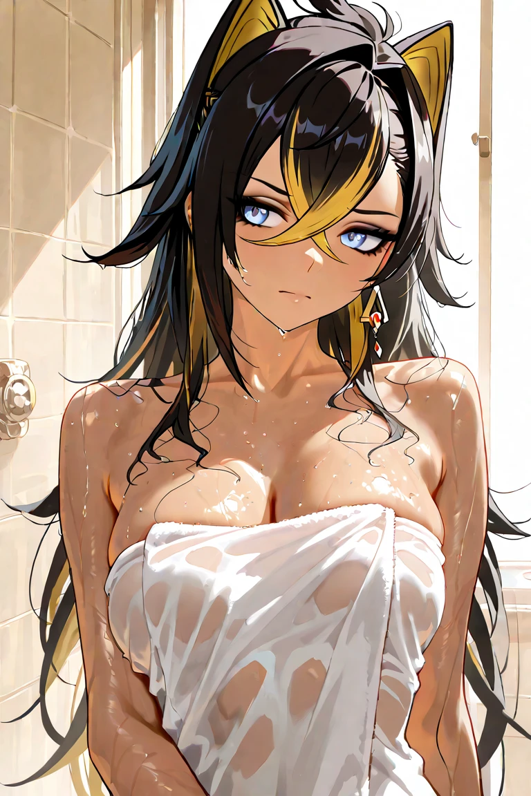 (lifelike, high - resolution:1.3), 1 girl with a perfect body,slender body, Super fine face and eyes,assasin, dark makeup, shiny skin, black hair, blue highlights, blunt bangs, (toned stomach),Expose cleavage, (makeup, slender body, skinny), (post apocalyptic future, jungle wasteland. torn clothes, torn to shreds kimono, katana), (wet skin, shiny skin), small breasts, (savagelands, katana)