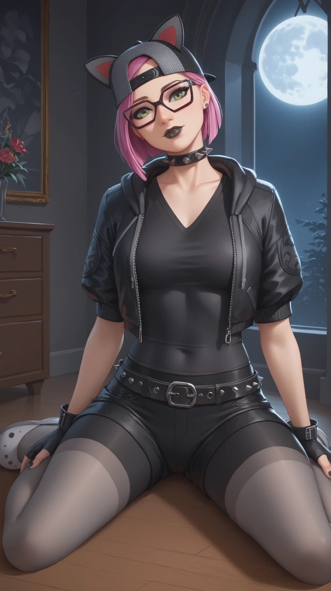 ((masterpiece, best quality)), official art, game cg, futanari, solo, (cybergirl, robot girl, metal skin, sliver skin), red cyber eyes, glowing eyes, rainbow hair, gradient hair, multicolored hair, body tattoo, one side shaved, sitting on the roof, night, neon, cyberpunk city, black leather jacket, cyber boots, holding pistol, (eqcok, gigantic penis, massive penis, huge penis, thick penis), huge testicles, large breasts, muscle female, abs, erection, penis focus, precum, cum